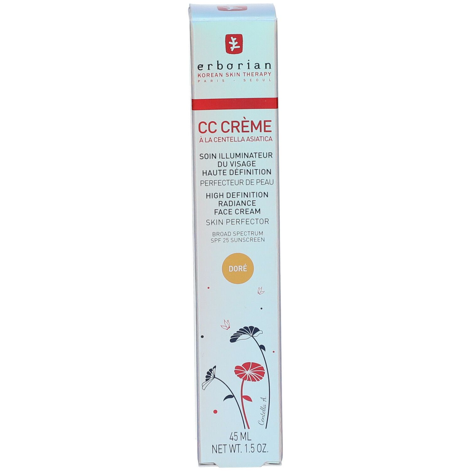 Weiße Schachtel mit CC Crème. Text: 'CC Crème', 'SPF 25', 'Doré'. 45 ml.
