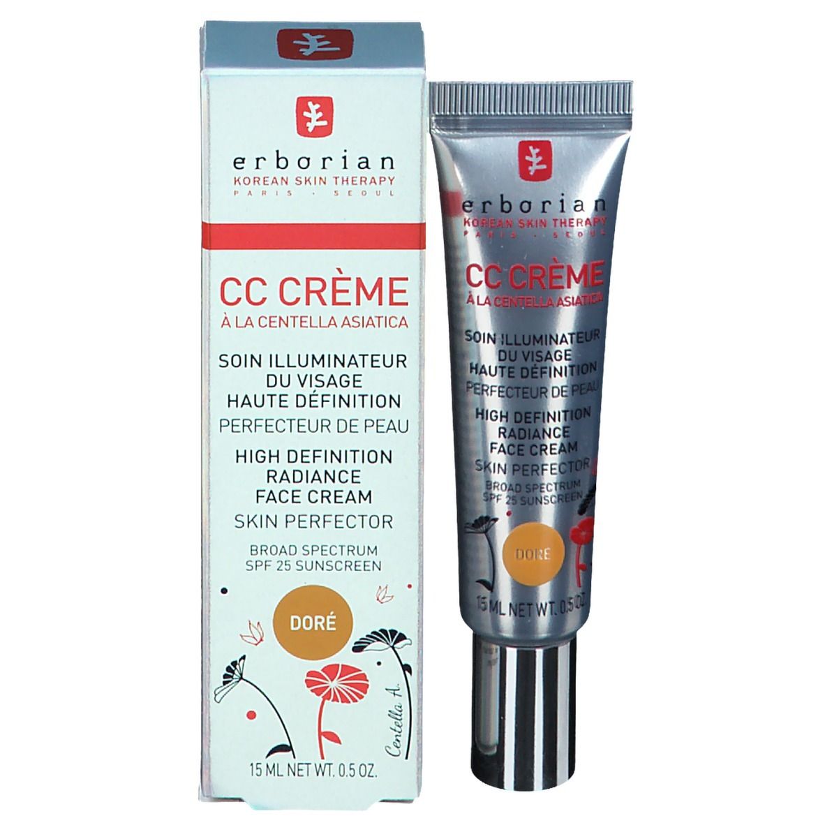 Produktverpackung mit Tube. Text: CC Crème, Doré, Sonnenschutz. Marke: Erborian.