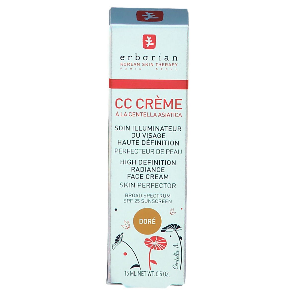 Produktverpackung. Text: CC Crème, Doré, Sonnenschutz. Marke: Erborian.
