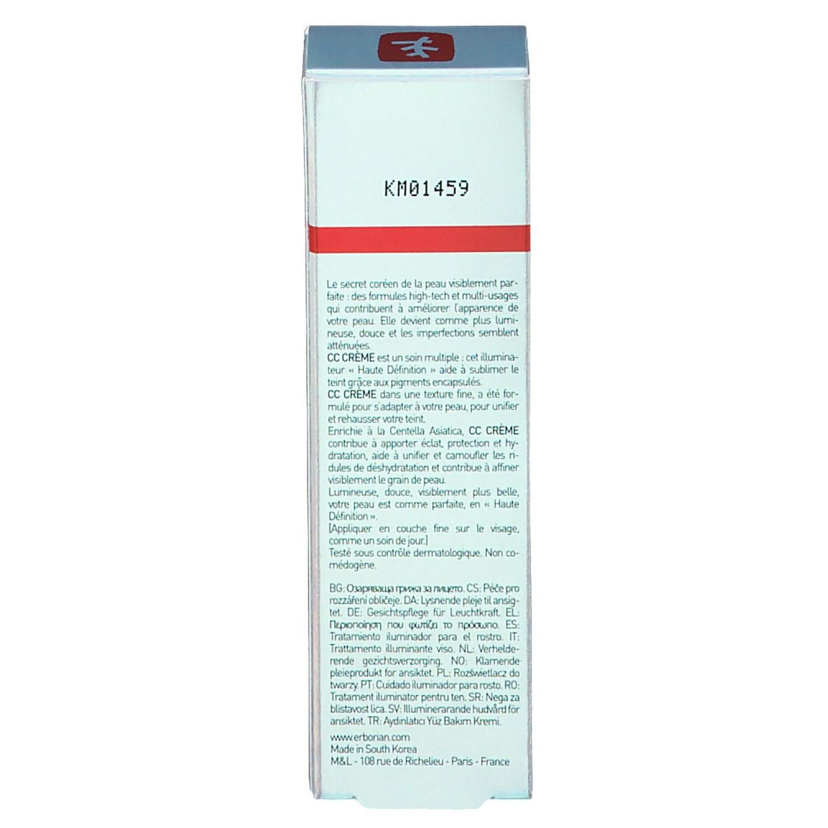 Produktverpackung. Text in mehreren Sprachen. Marke: Erborian.