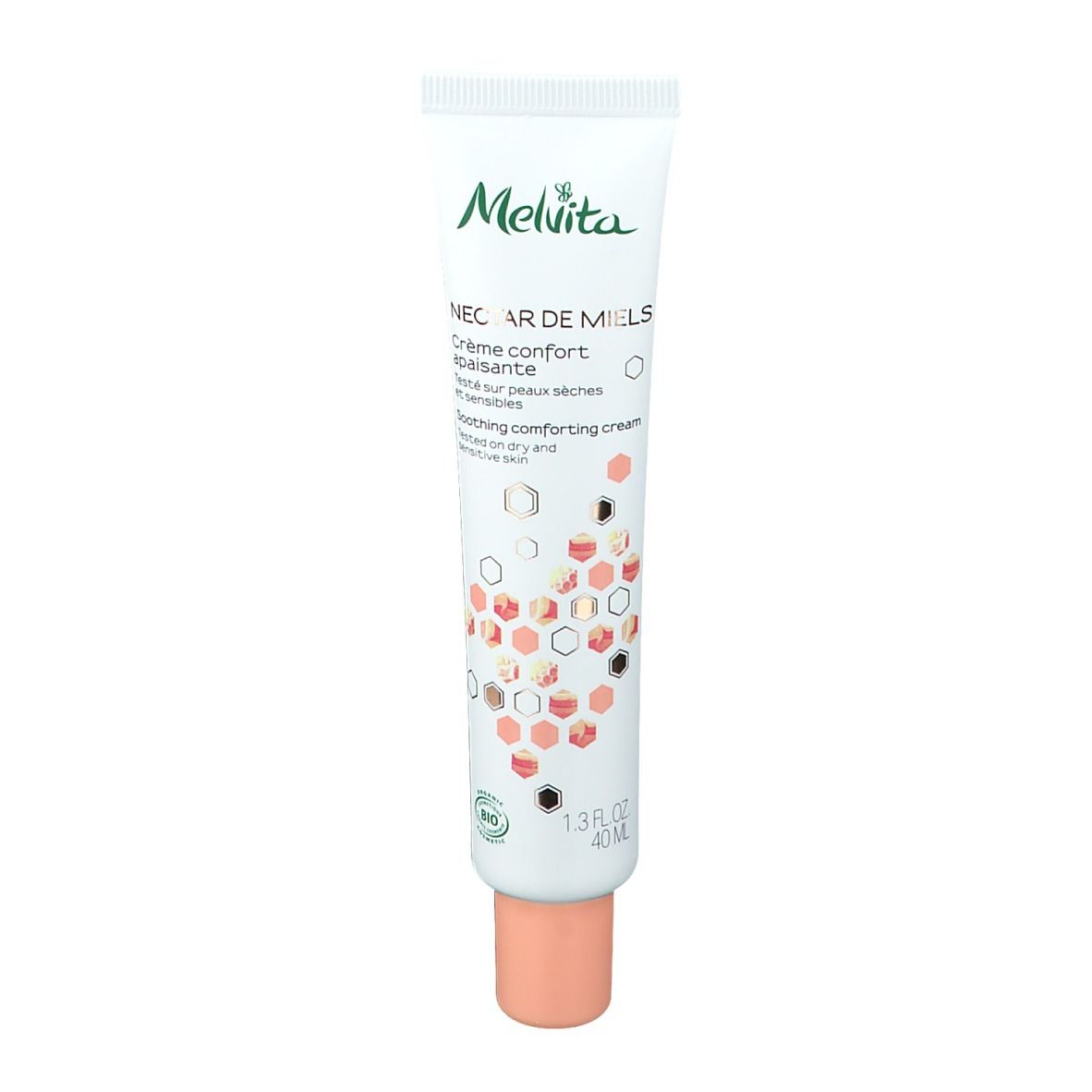 Creme-Tube mit grünem Logo und Schriftzug. Aufschrift: Nectar de Miels, Crème confort apaisante. 40ml.