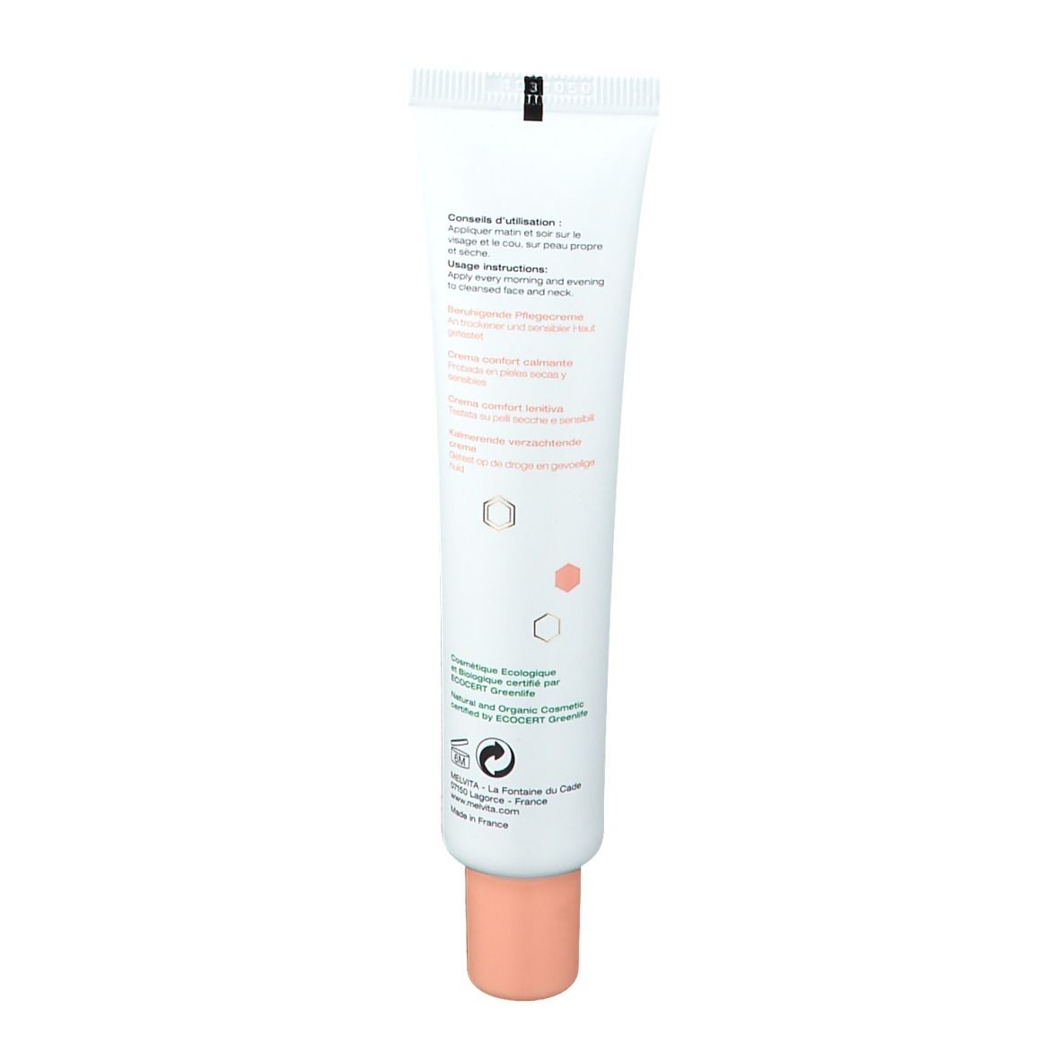 Rückseite der Creme-Tube. Text in mehreren Sprachen. Logo von Ecocert. Rosa Verschluss.