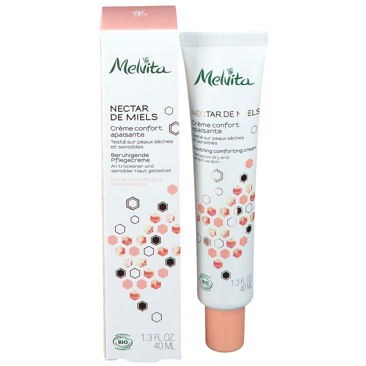 Creme-Tube und Schachtel nebeneinander. Aufschrift: Nectar de Miels, Crème confort apaisante. 40ml. Logo.