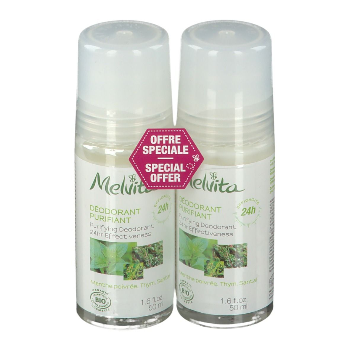 Zwei Roll-On-Deodorants mit weißem Deckel. Aufschrift: Melvita, Deodorant Purifiant, 24h Wirksamkeit. Bio-Zertifizierung. Angebot.