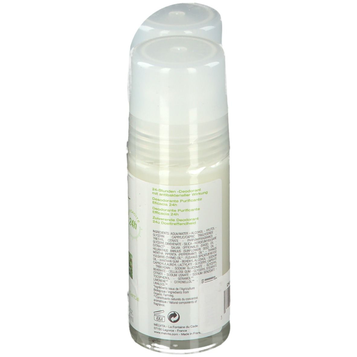 Roll-On-Deodorant mit weißem Deckel. Rückseite mit Inhaltsangaben und Informationen. Bio-Zertifizierung.