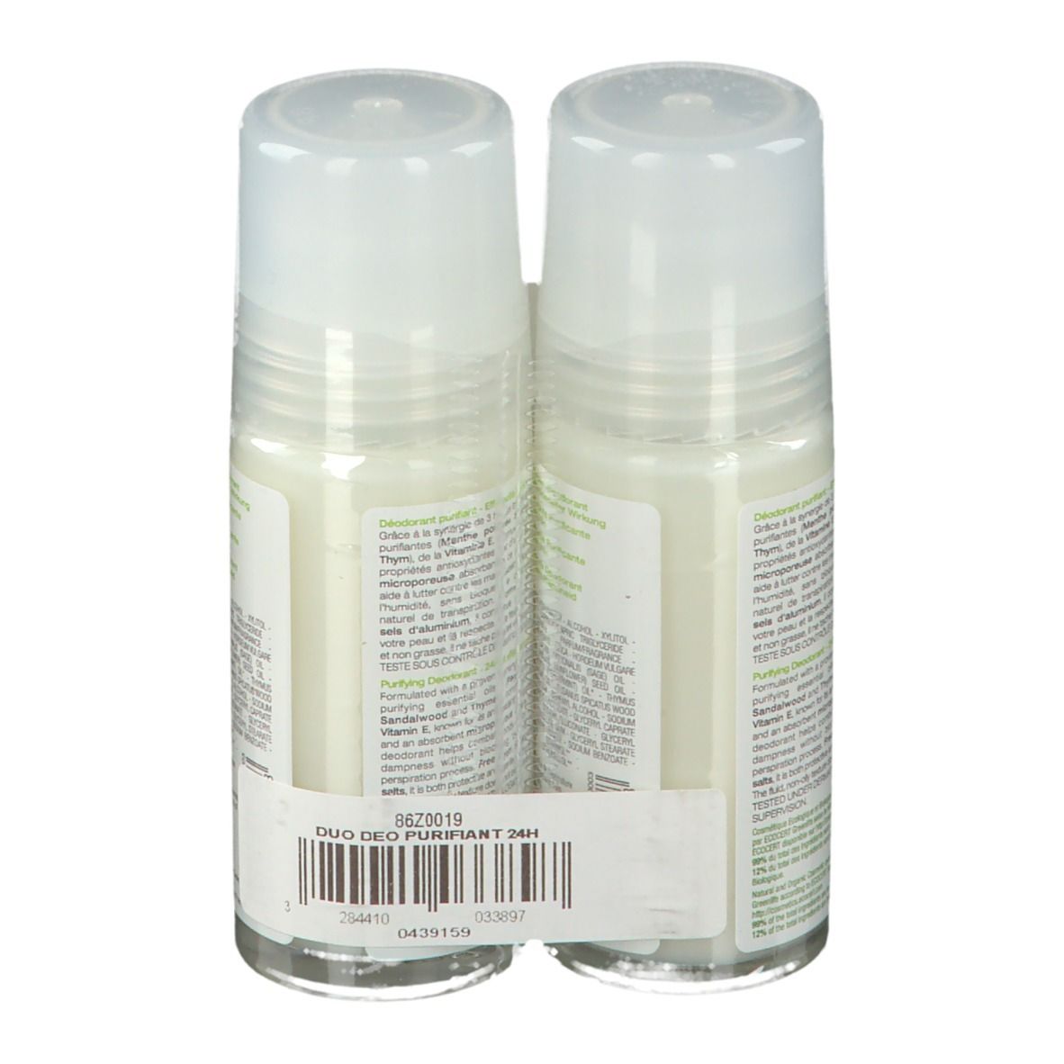 Zwei Roll-On-Deodorants in einer Verpackung. Aufschrift: Duo Deo Purifiant 24H. Bio-Zertifizierung.