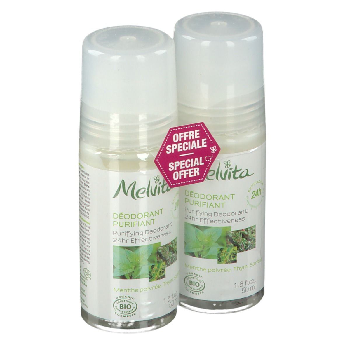Zwei Roll-On-Deodorants mit weißem Deckel. Aufschrift: Melvita, Deodorant Purifiant, 24h Wirksamkeit. Bio-Zertifizierung. Angebot.