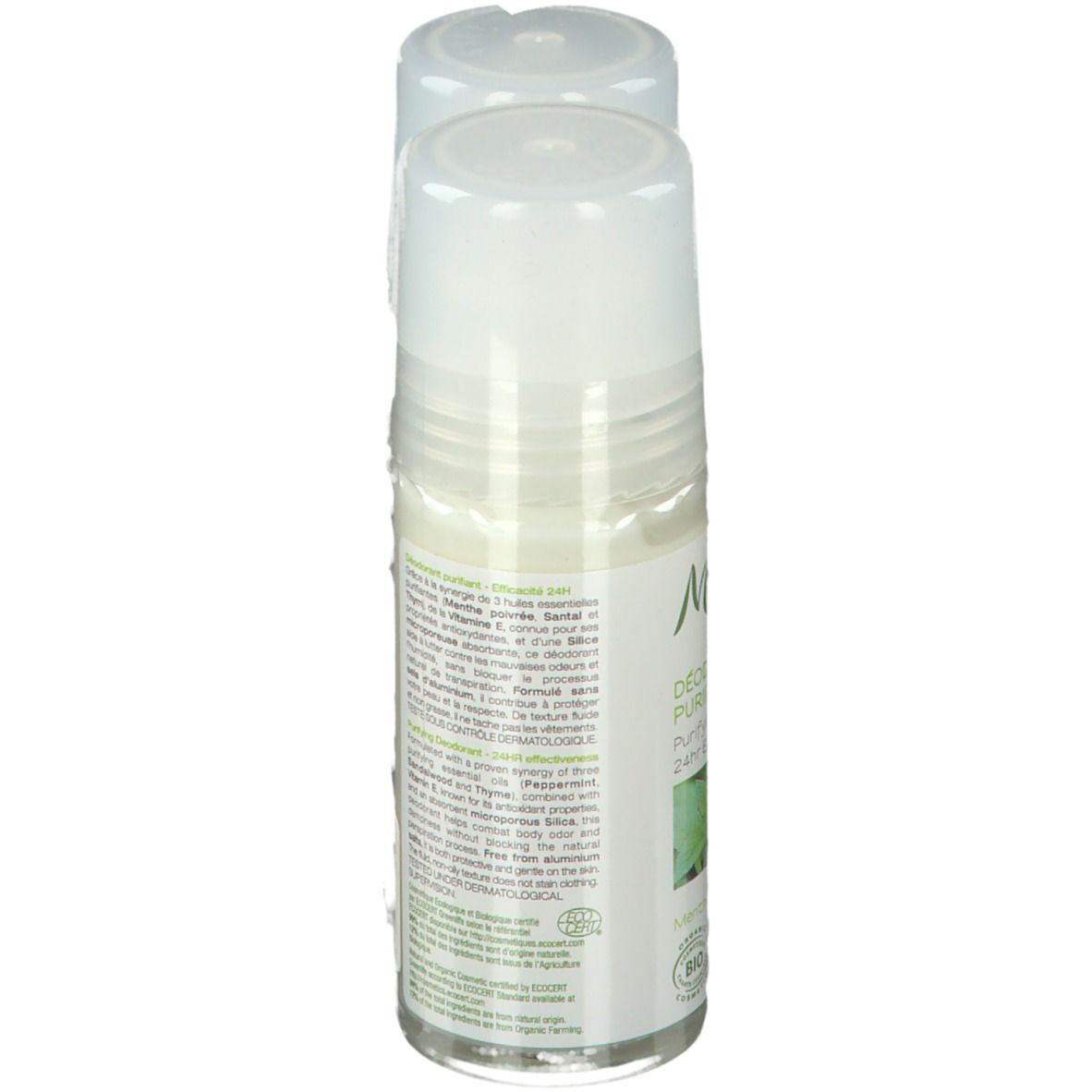 Roll-On-Deodorant mit weißem Deckel. Rückseite mit Inhaltsangaben und Informationen. Bio-Zertifizierung.