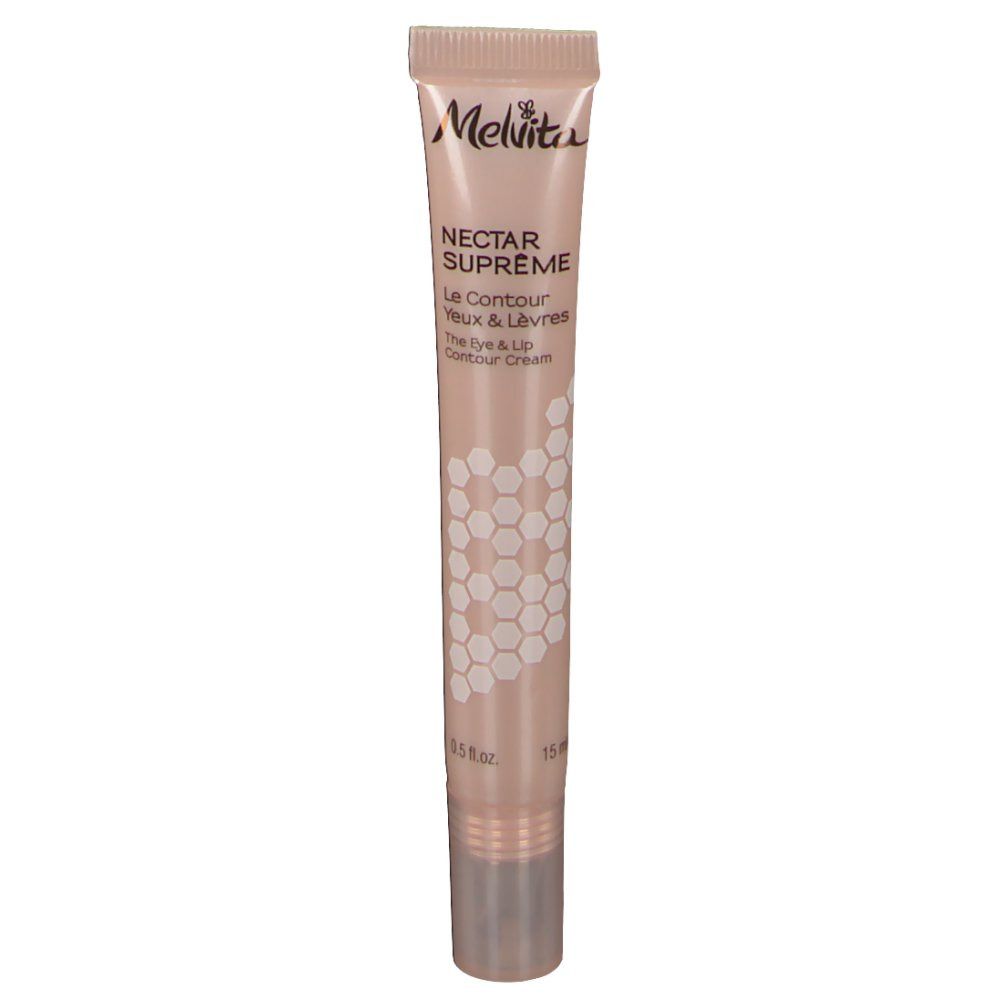 Creme-Tube mit Produktnamen und Logo. Beige Tube mit silberner Kappe. Aufschrift: Nectar Supreme, Le Contour Yeux & Lèvres.