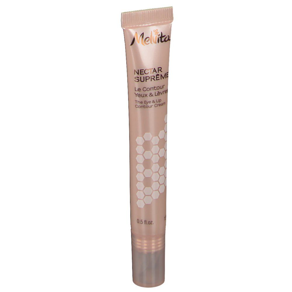 Creme-Tube mit Produktnamen und Logo. Beige Tube mit silberner Kappe. Aufschrift: Nectar Supreme, Le Contour Yeux & Lèvres.