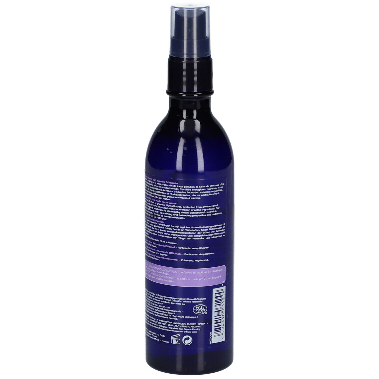 Rückseite der Flasche. Text in mehreren Sprachen. Bio-Zertifizierung. 200 ml.