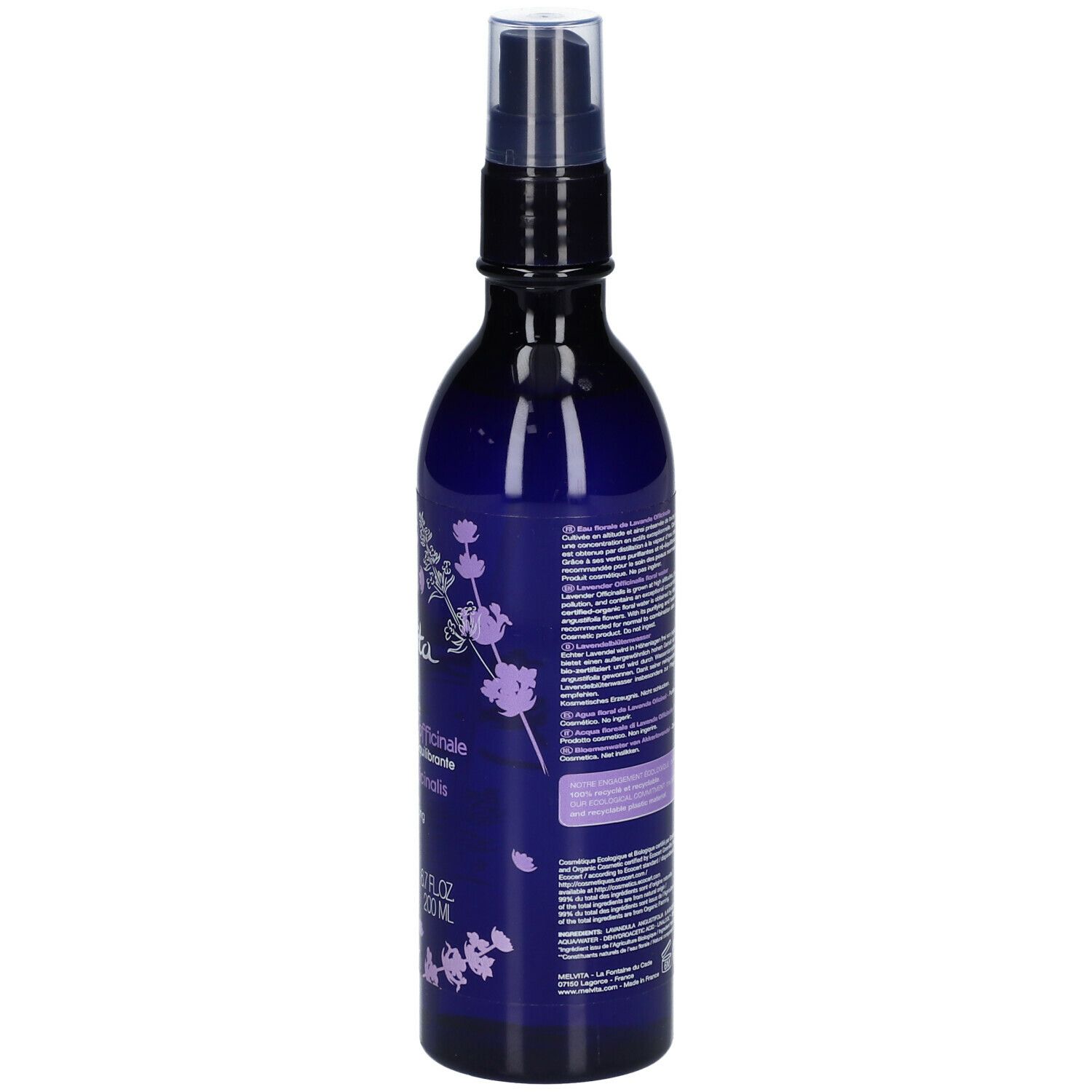 Rückseite der Flasche. Text in mehreren Sprachen. Bio-Zertifizierung. 200 ml.