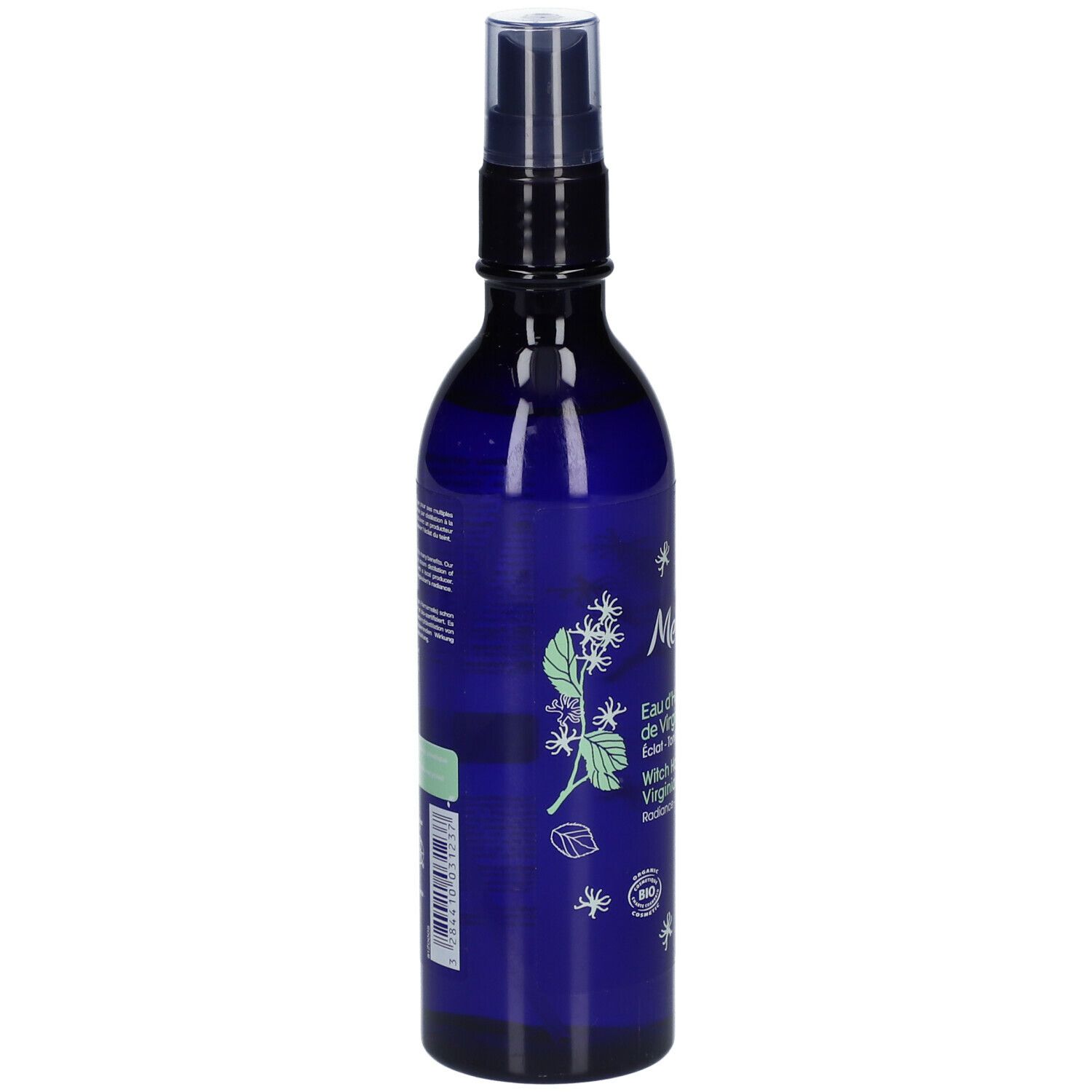 Blaue Flasche mit Zerstäuber. Aufschrift: Melvita, Eau d'Hamamélis de Virginie, Witch Hazel Virginiana water. Bio-Siegel.