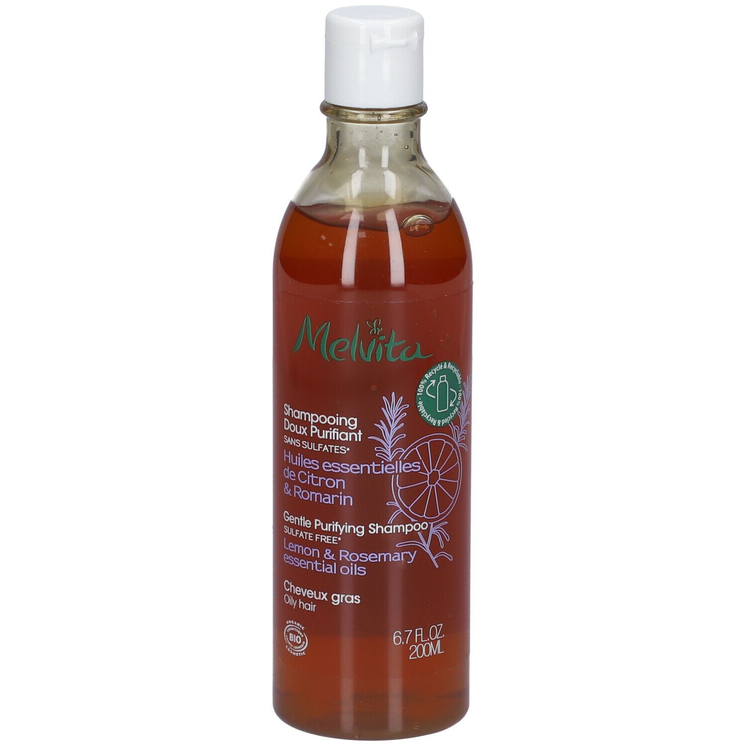 Braune Flüssigkeit in einer transparenten Flasche mit weißem Deckel. Aufschrift: Melvita, Reinigendes Bio-Shampoo.