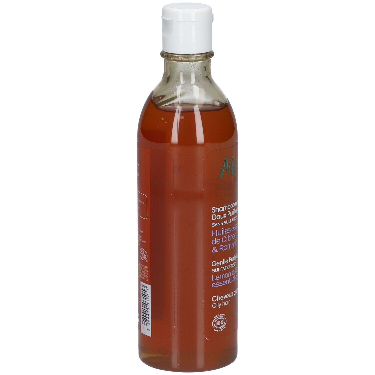 Transparente Flasche mit brauner Flüssigkeit und weißem Deckel. Aufschrift: Melvita, Reinigendes Bio-Shampoo.