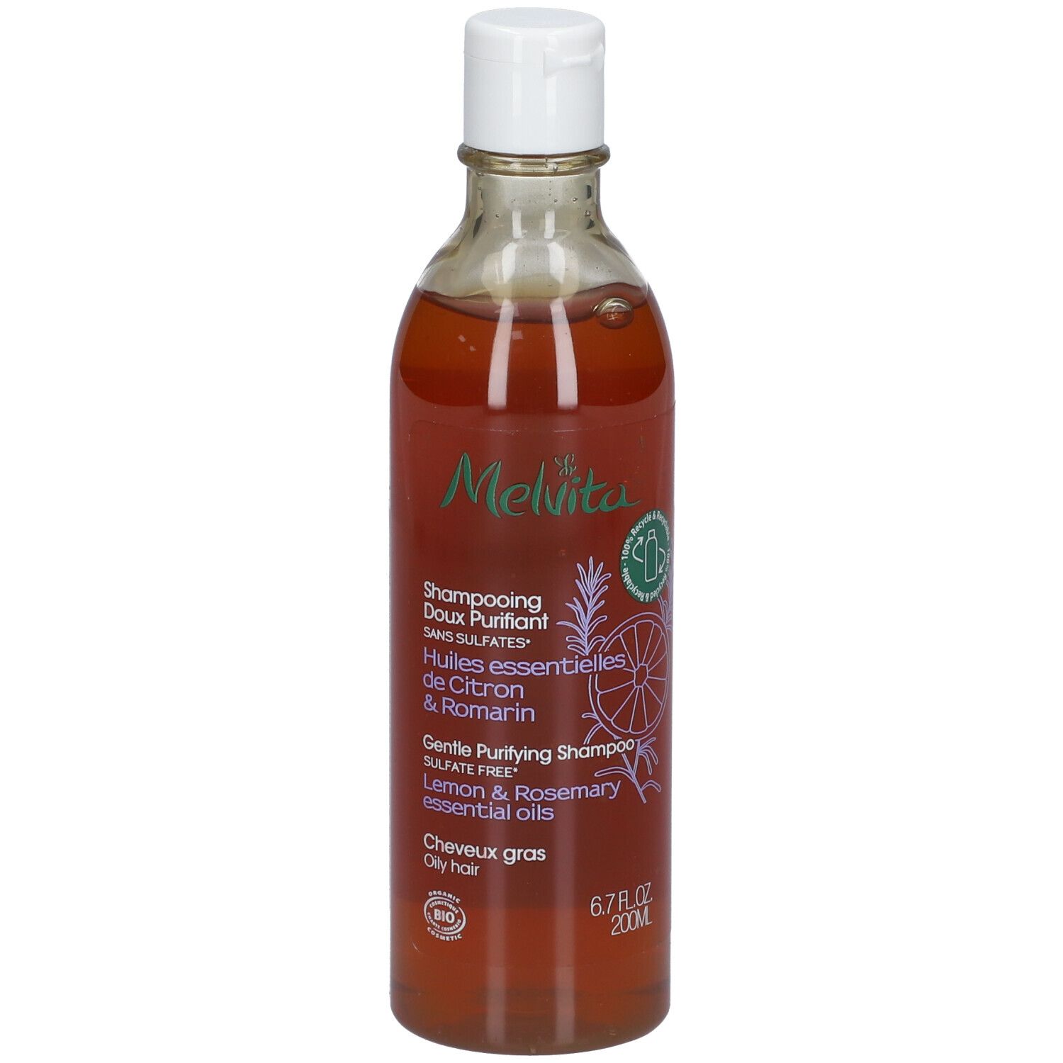 Braune Flüssigkeit in einer transparenten Flasche mit weißem Deckel. Aufschrift: Melvita, Reinigendes Bio-Shampoo.