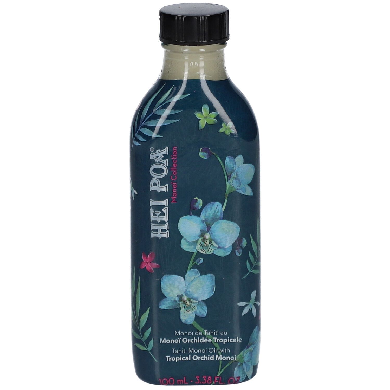 Flasche mit floralem Muster und Aufschrift. Deckel schwarz. Text: HEI POA, Monoï de Tahiti au Monoï Orchidée Tropicale.