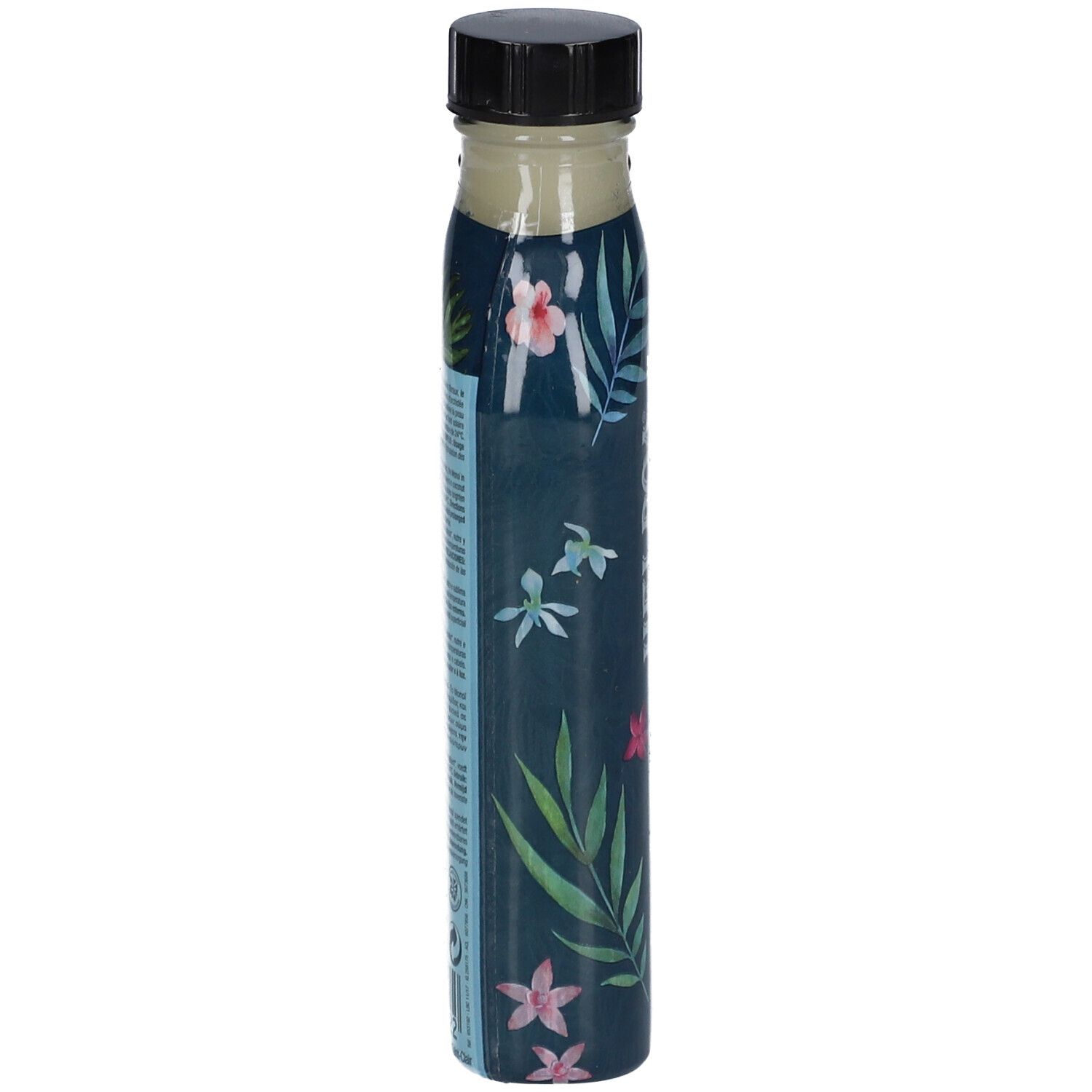 Flasche mit floralem Muster. Seitliche Ansicht. Schwarzer Deckel. Text auf der Flasche.