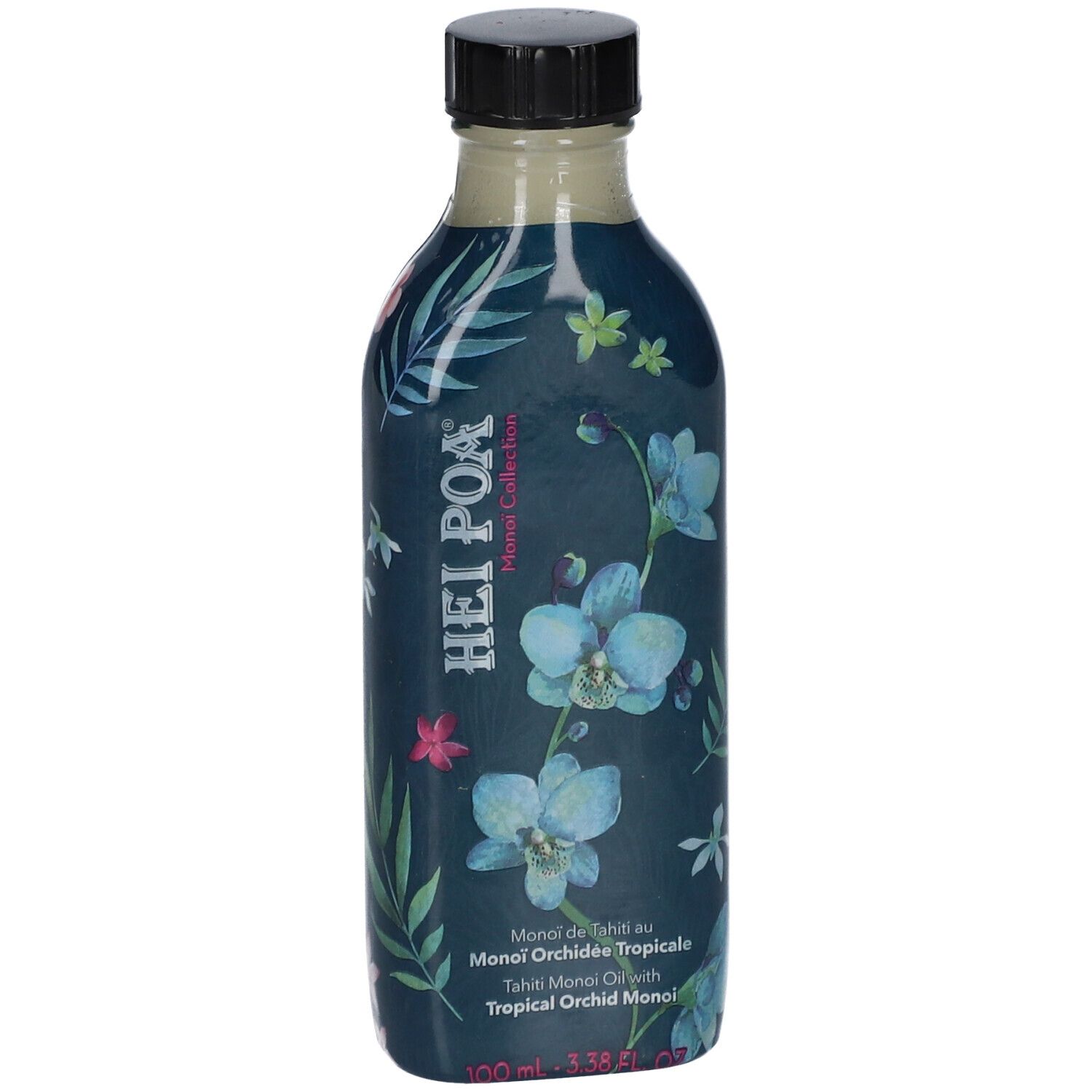 Flasche mit floralem Muster und Aufschrift. Schwarzer Deckel. Text: HEI POA, Monoï de Tahiti au Monoï Orchidée Tropicale.