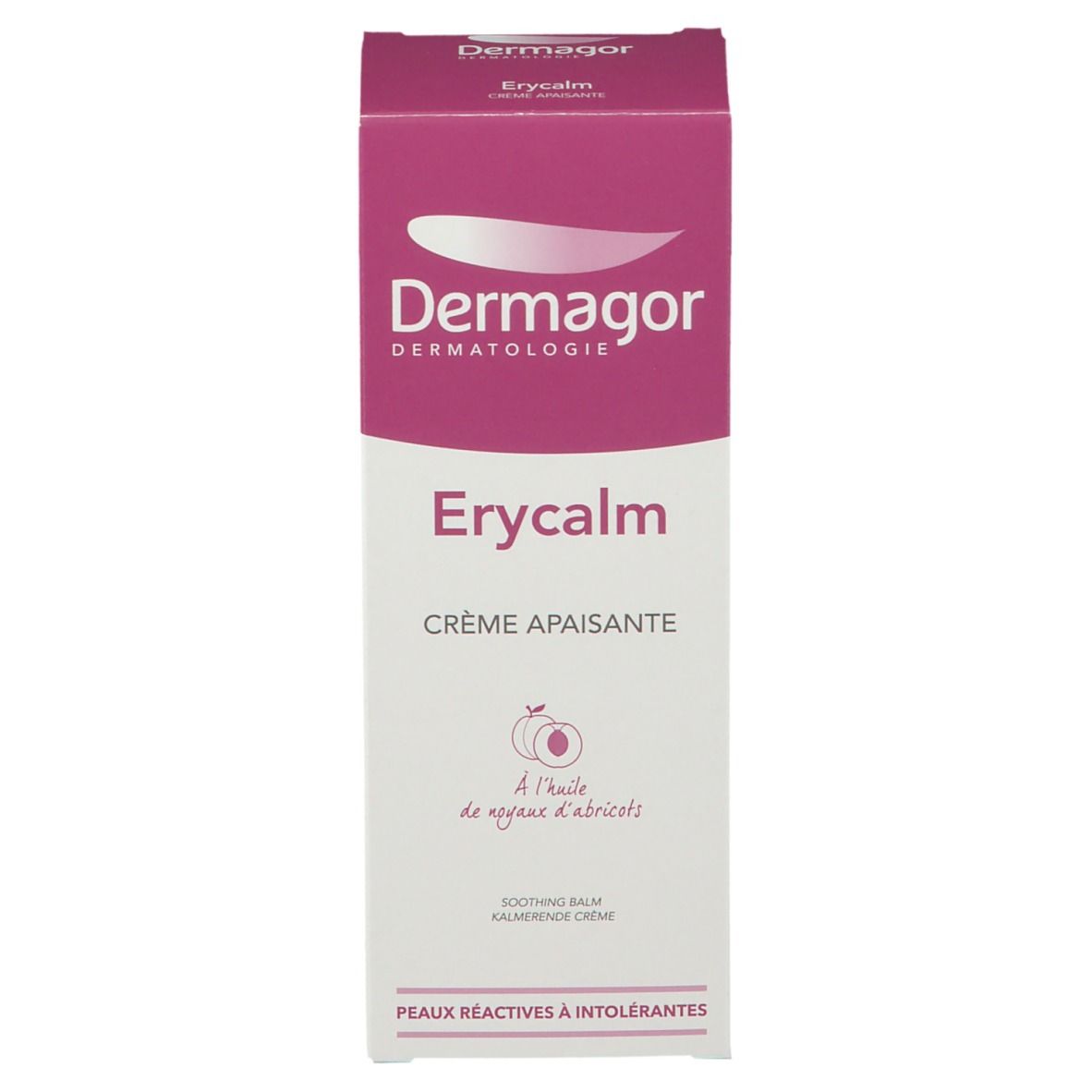 Dermagor Erycalm Creme. Weiße Verpackung mit rosa Akzenten. Produktname und Logo deutlich sichtbar. Text: Crème Apaisante.