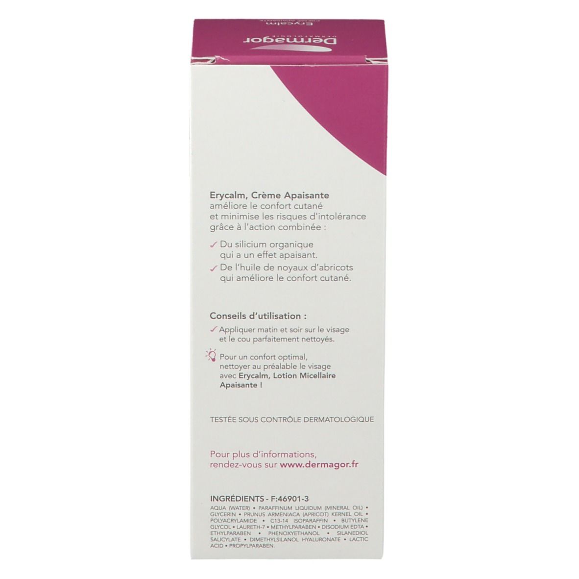 Dermagor Erycalm Creme Verpackung, Rückseite. Text: Anwendungshinweise, Inhaltsstoffe. Dermatologisch getestet. Informationen zur Marke.