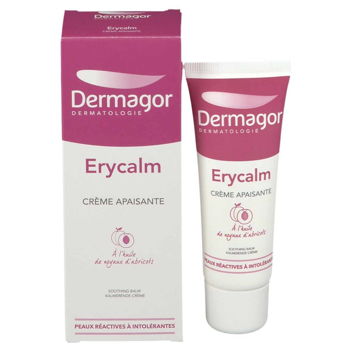 Dermagor Erycalm Creme und Verpackung. Tube und Schachtel nebeneinander. Produktname und Logo deutlich sichtbar. Text: Crème Apaisante.