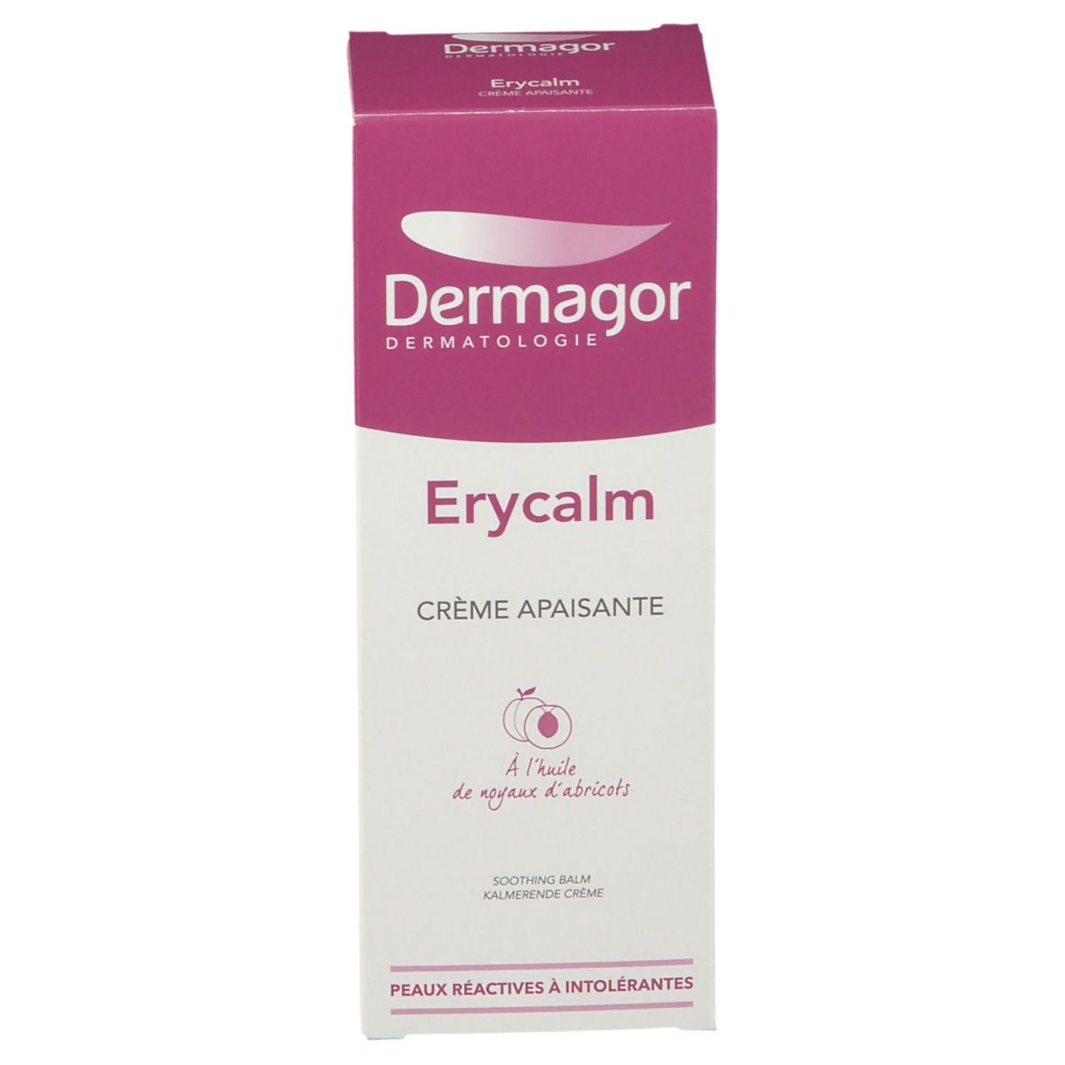 Dermagor Erycalm Creme Verpackung. Produktname und Logo deutlich sichtbar. Text: Crème Apaisante, à l'huile de noyaux d'abricots.