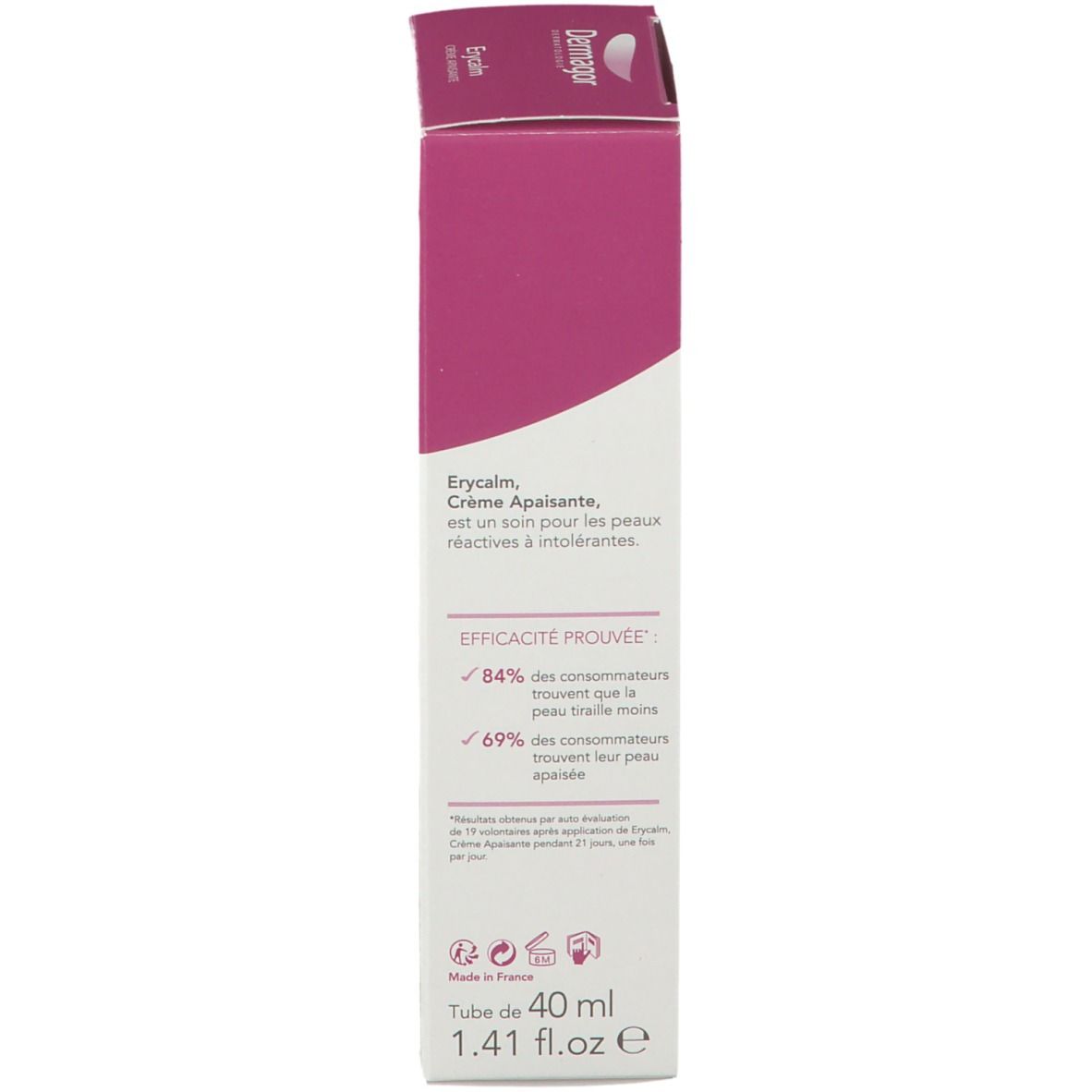 Dermagor Erycalm Creme Verpackung, Seite. Text: Wirksamkeit bewiesen. 40 ml. Hergestellt in Frankreich. Informationen zur Marke.