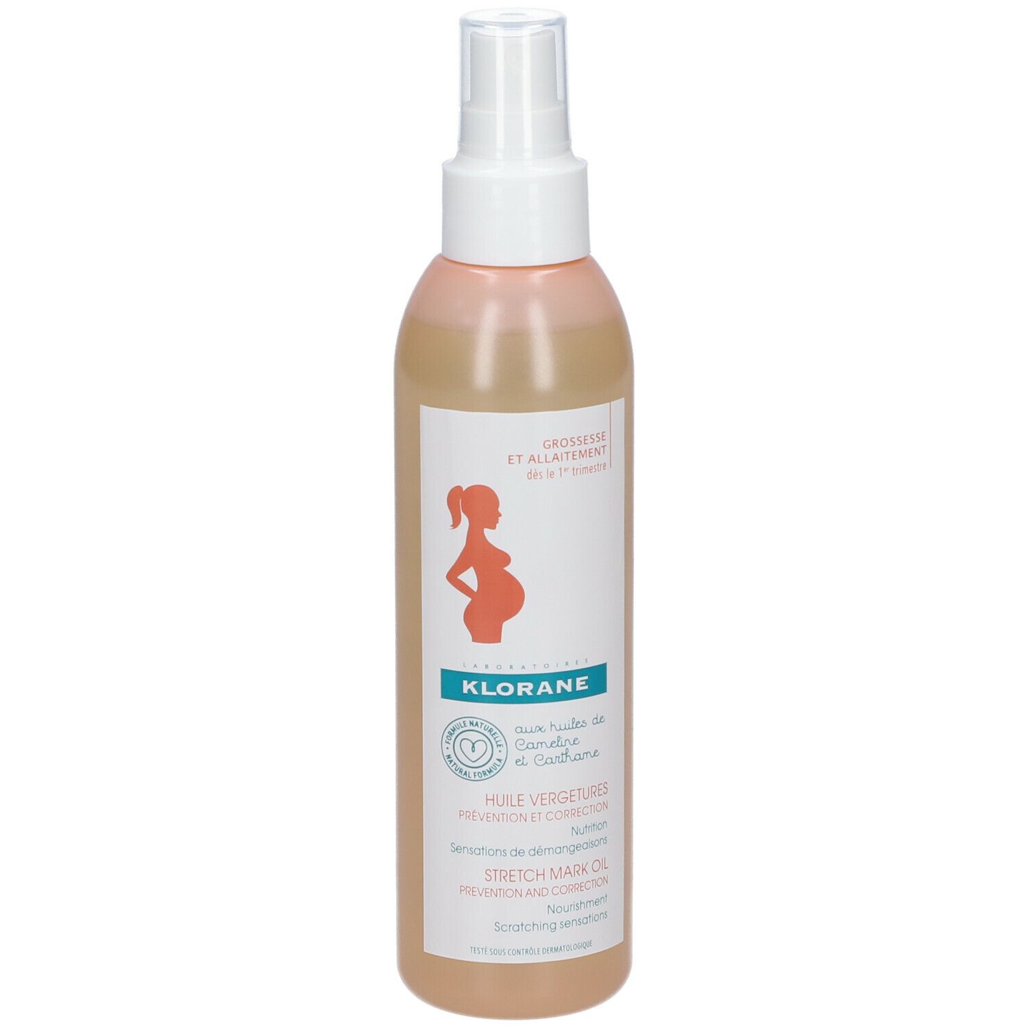 Klorane-Ölflasche mit Sprühkopf. Aufschrift: Schwangerschaft und Stillzeit. Logo mit schwangerer Frau. Produktname und weitere Informationen.