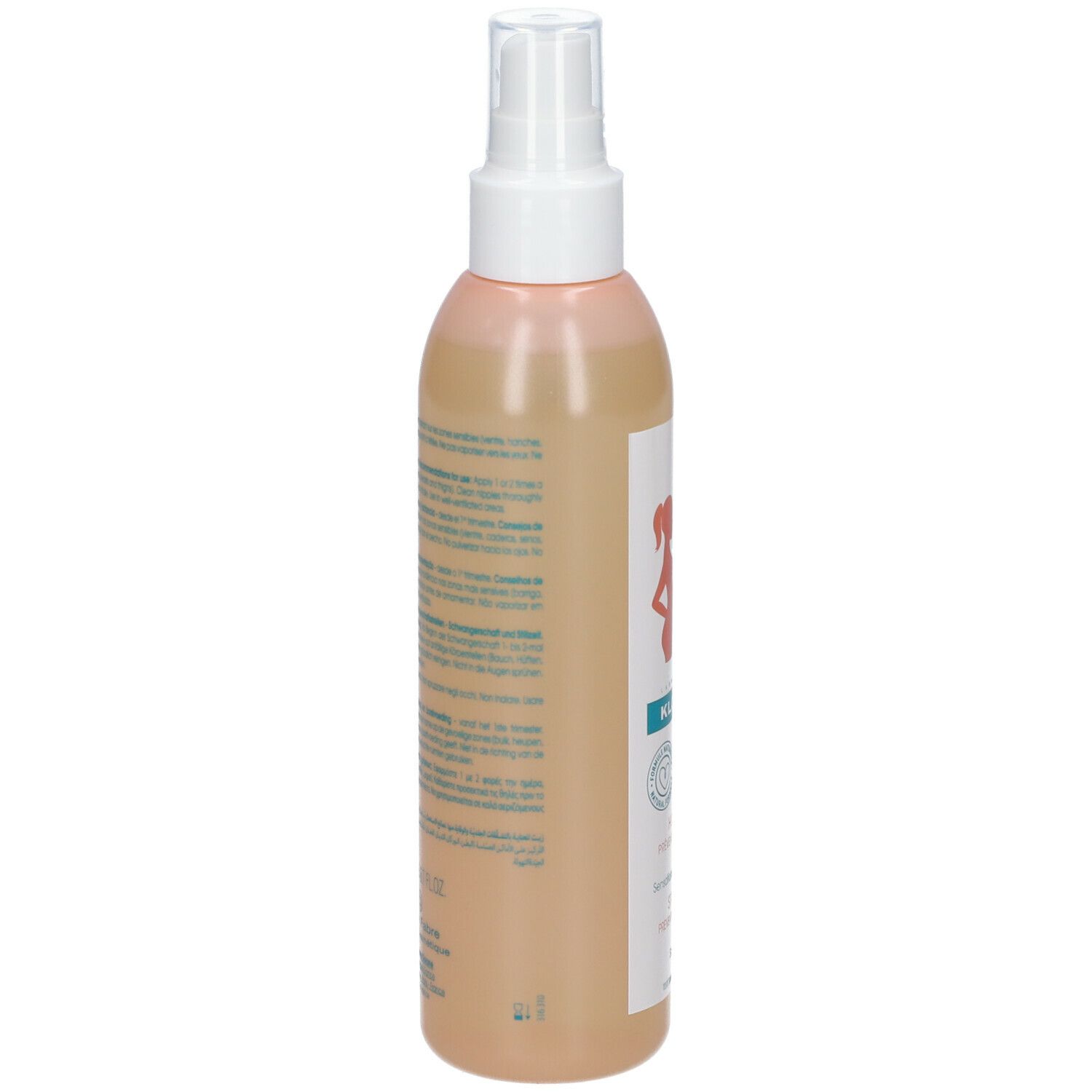 Rückseite der Klorane-Ölflasche. Textinformationen, darunter Inhaltsstoffe und Herstellerangaben. Volumenangabe: 200 ml.