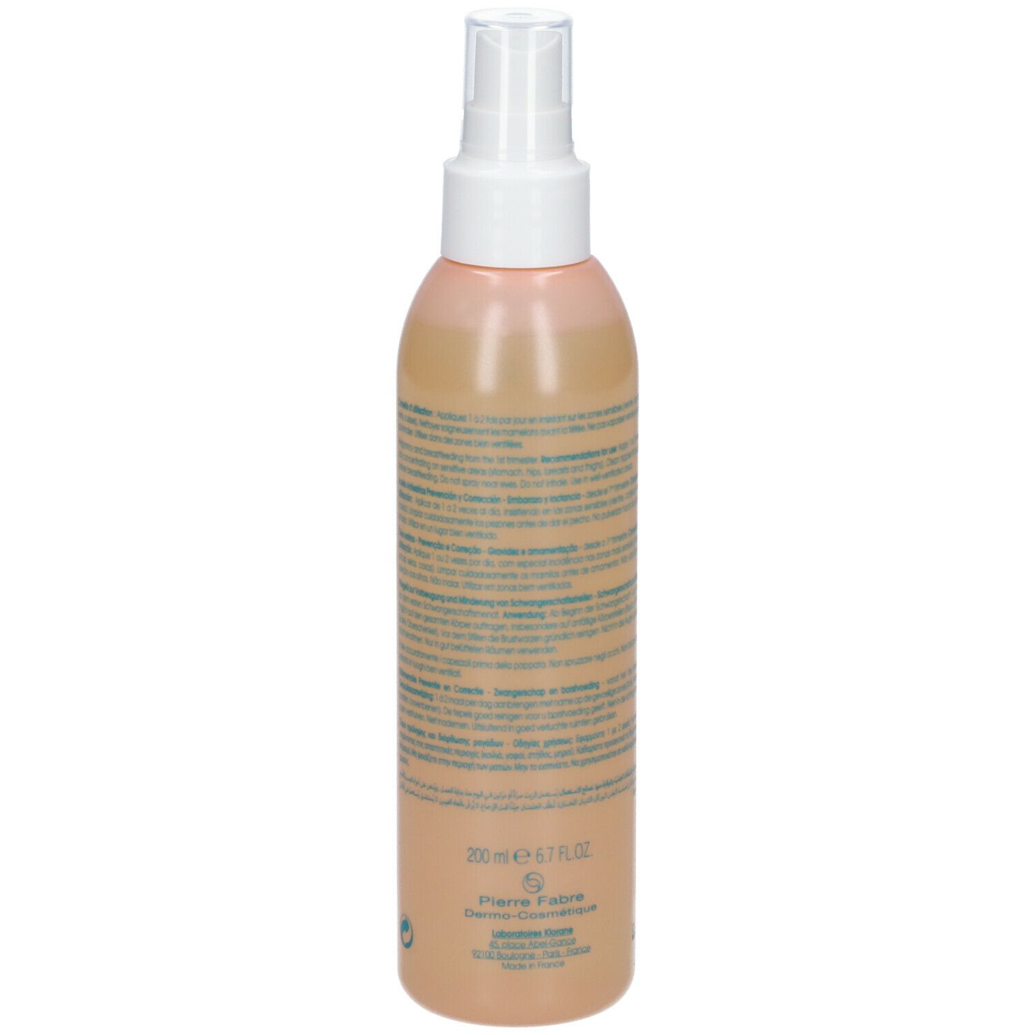 Rückseite der Klorane-Ölflasche. Textinformationen, darunter Inhaltsstoffe und Herstellerangaben. Volumenangabe: 200 ml.
