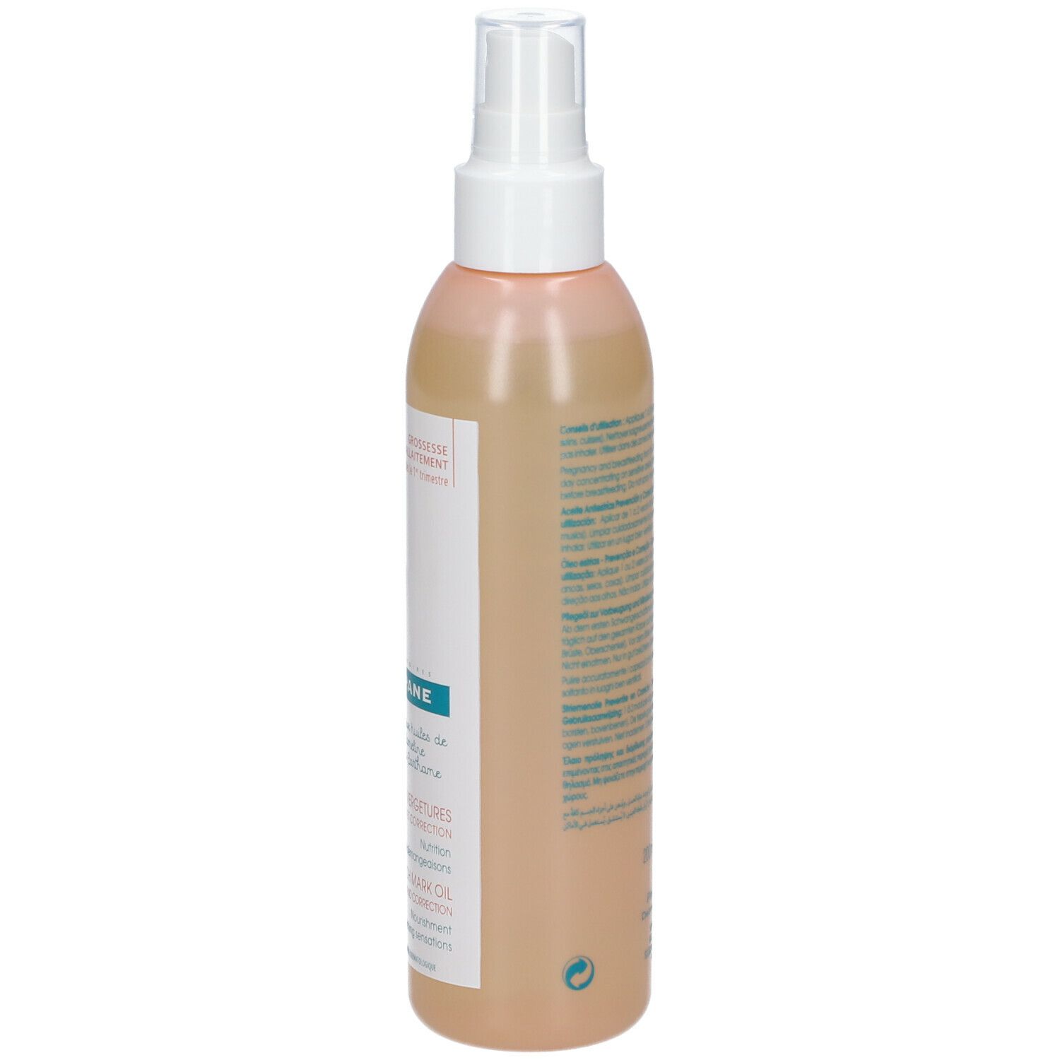 Klorane-Ölflasche mit Sprühkopf. Aufschrift: Schwangerschaft und Stillzeit. Logo mit schwangerer Frau. Produktname und weitere Informationen.
