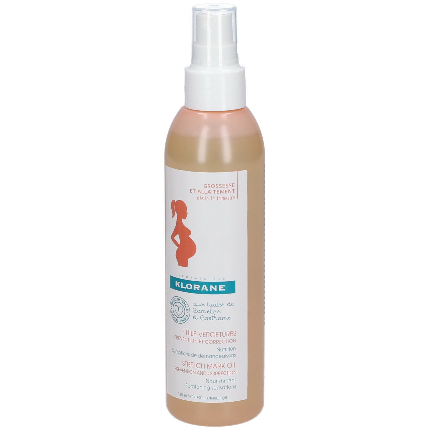 Klorane-Ölflasche mit Sprühkopf. Aufschrift: Schwangerschaft und Stillzeit. Logo mit schwangerer Frau. Produktname und weitere Informationen.