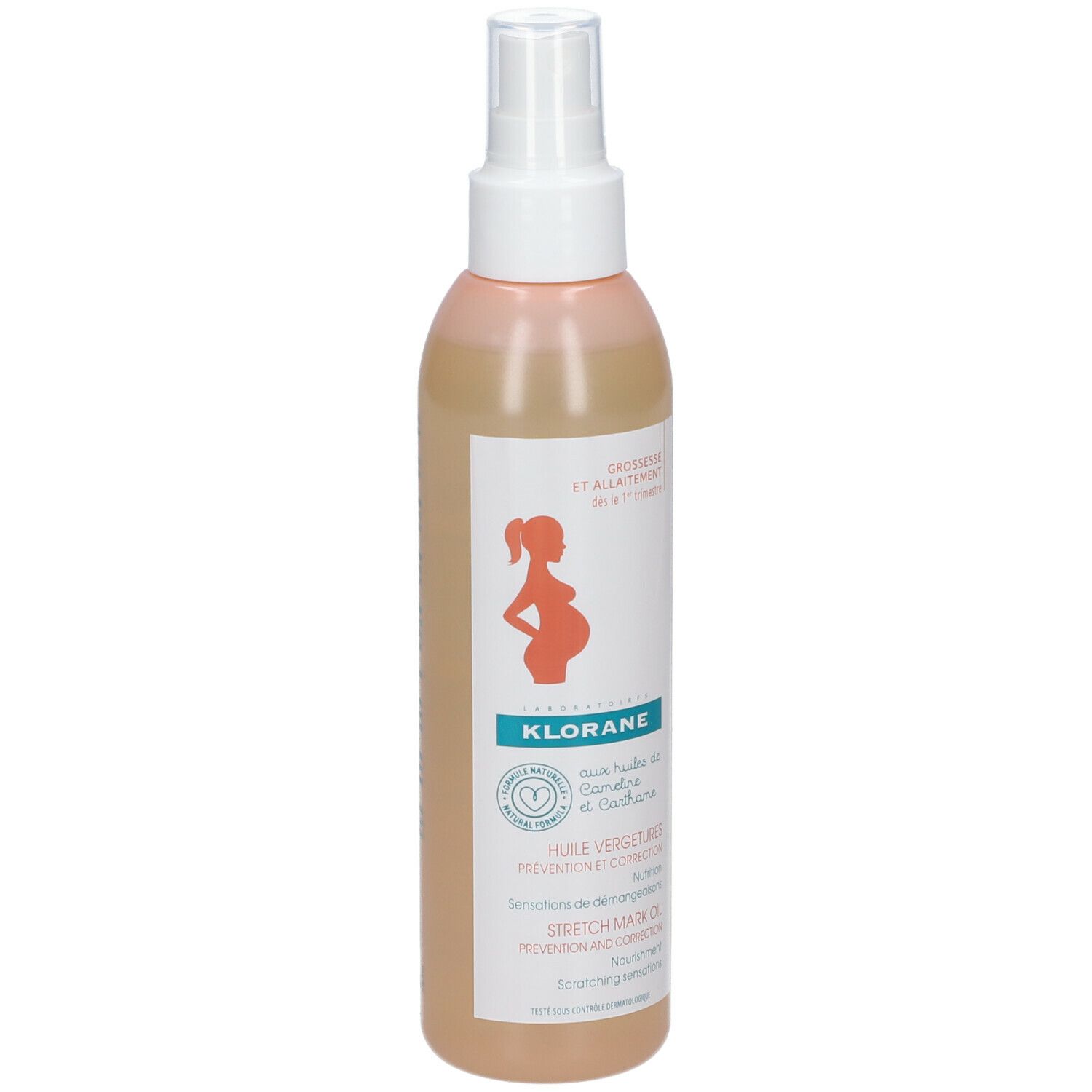 Klorane-Ölflasche mit Sprühkopf. Aufschrift: Schwangerschaft und Stillzeit. Logo mit schwangerer Frau. Produktname und weitere Informationen.