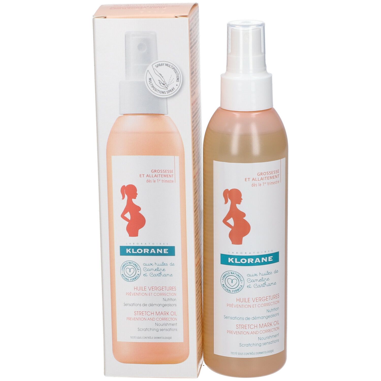 Klorane-Produktflasche und Verpackung. Flasche mit Sprühkopf. Verpackung mit Logo und Produktinformationen. Schwangerschaft und Stillzeit.