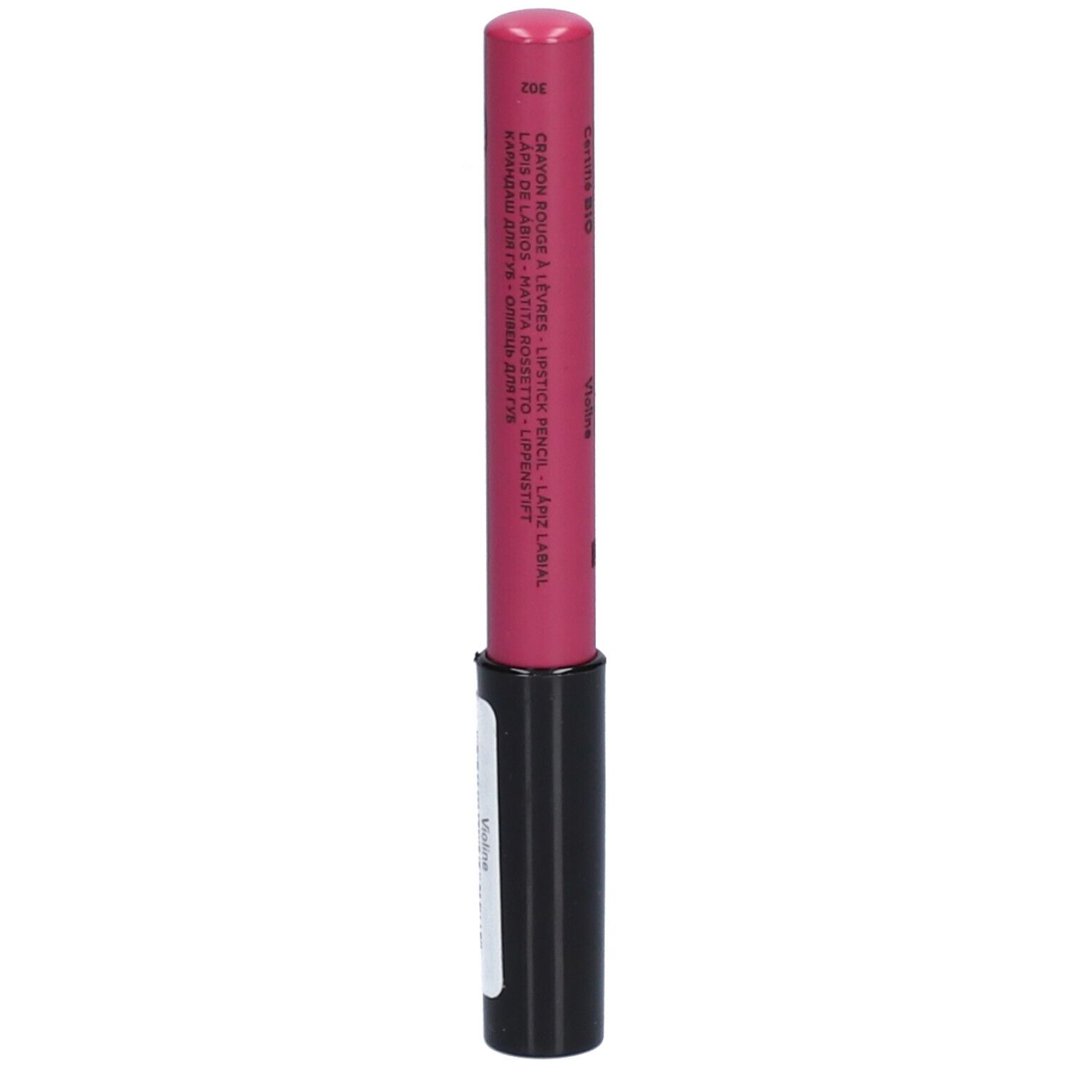 Pinkfarbener Lippenkonturenstift mit schwarzem Schaft. Beschriftung: Crayon Rouge à Lèvres, 382, Violet.
