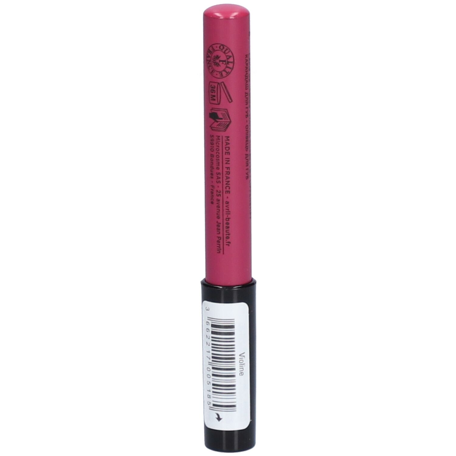 Pinkfarbener Lippenkonturenstift mit schwarzem Schaft. Aufkleber mit Informationen und Barcode. Beschriftung: Violet.