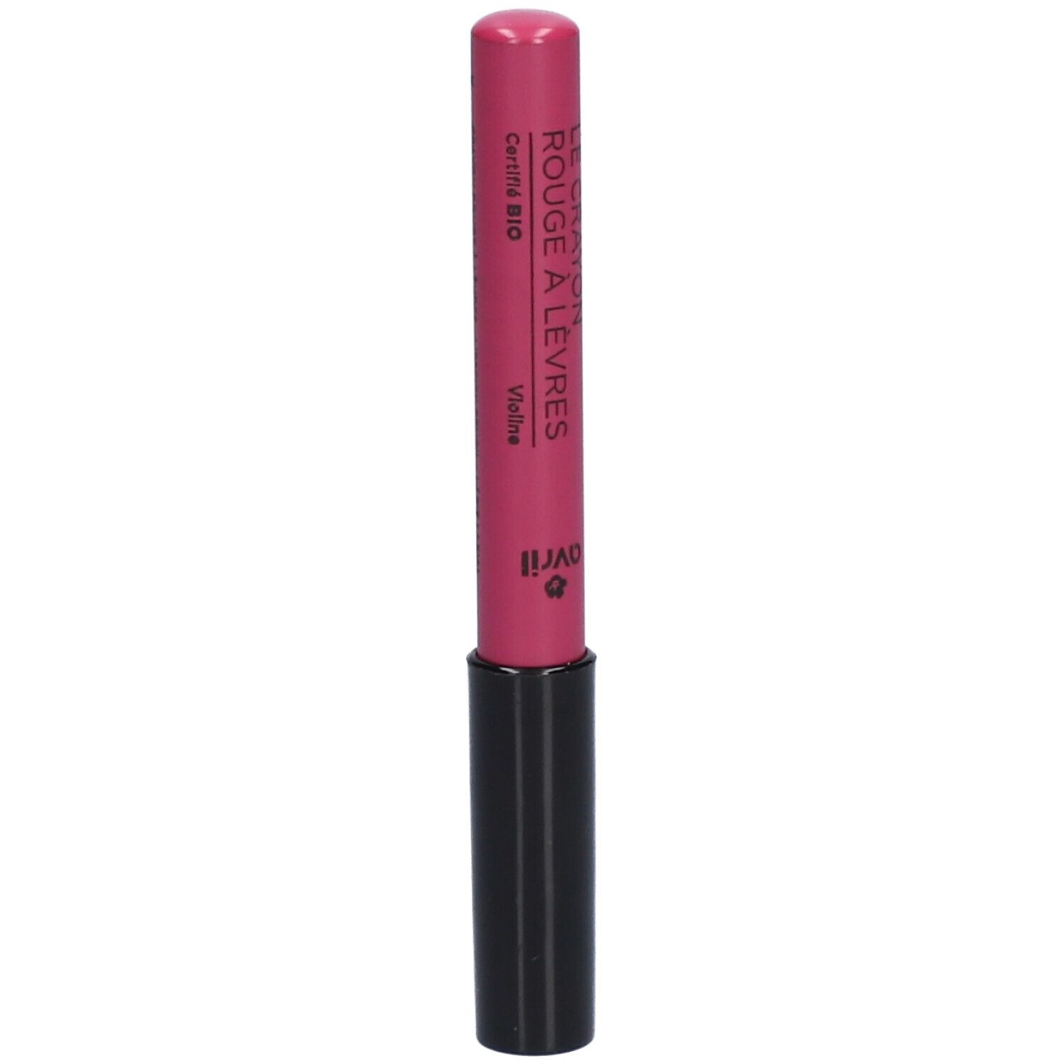Lippenkonturenstift, pinkfarben, mit schwarzem Schaft. Beschriftung: Avril, Le Crayon Rouge à Lèvres, Certifié Bio, Violet.