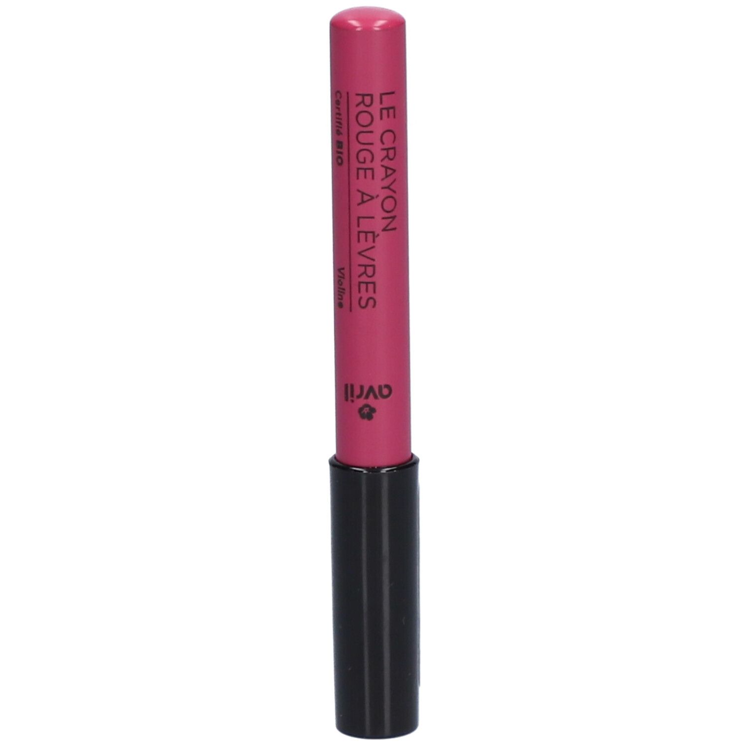 Pinkfarbener Lippenkonturenstift mit schwarzem Schaft. Beschriftung: Avril, Le Crayon Rouge à Lèvres, Certifié Bio, Violet.