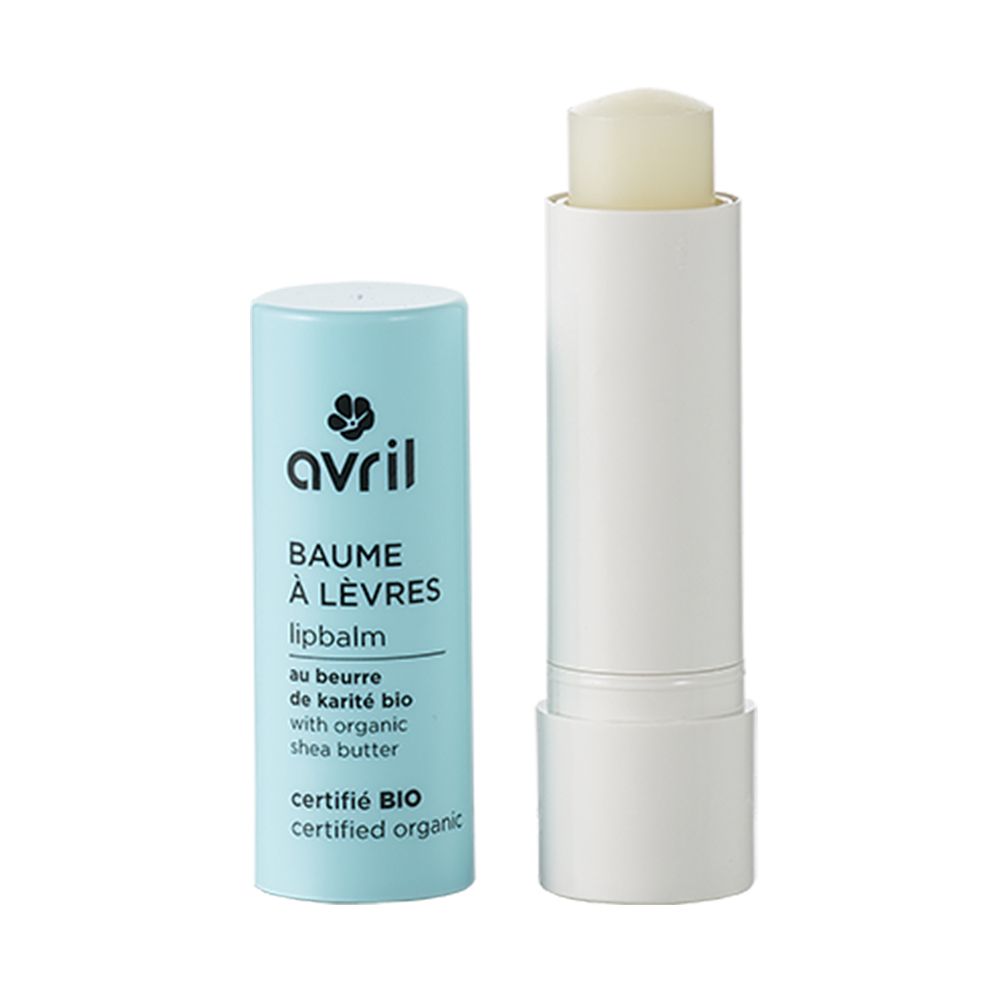 Lippenbalsam von avril. Weißer Stift mit geöffneter hellblauer Hülse. Auf der Hülse steht "Baume à lèvres lip balm".