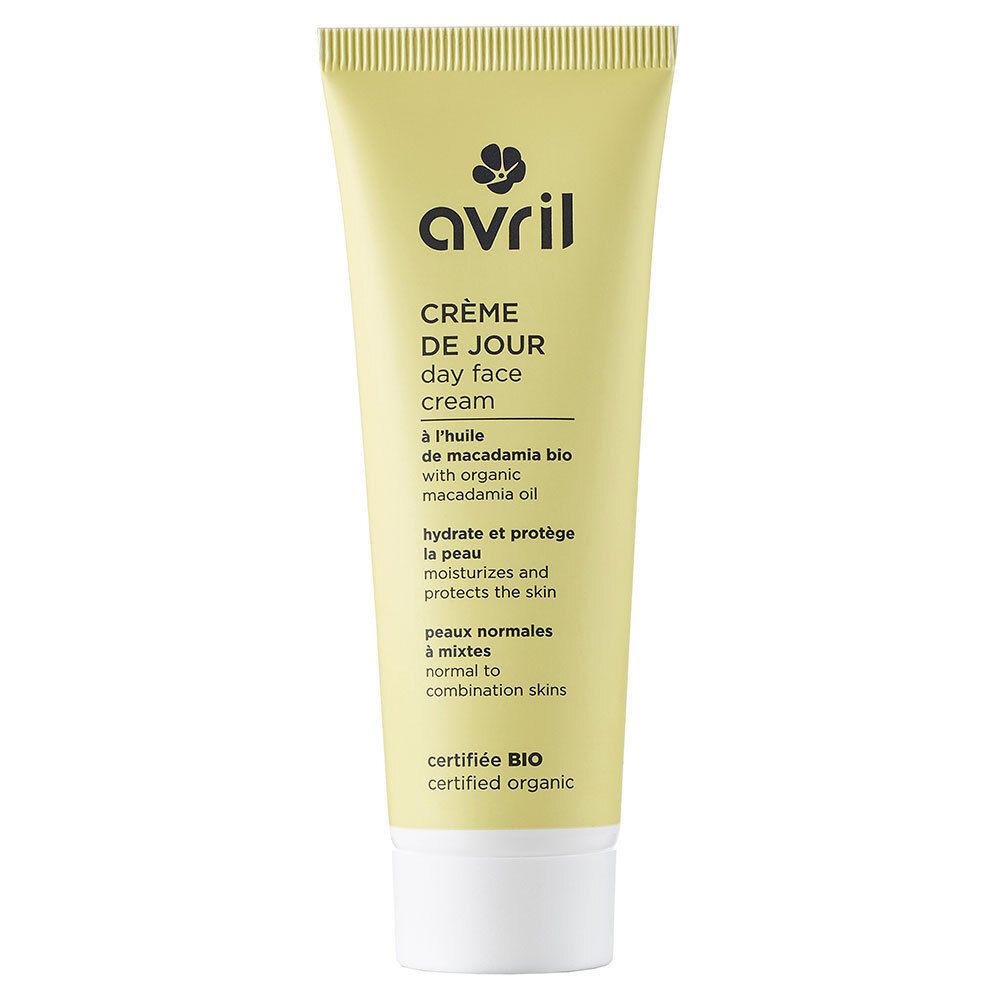 Gelbe Tube mit "Avril"-Logo und Text: "Crème de Jour", "Day Face Cream". Zertifiziertes Bio-Produkt. Enthält Macadamiaöl.
