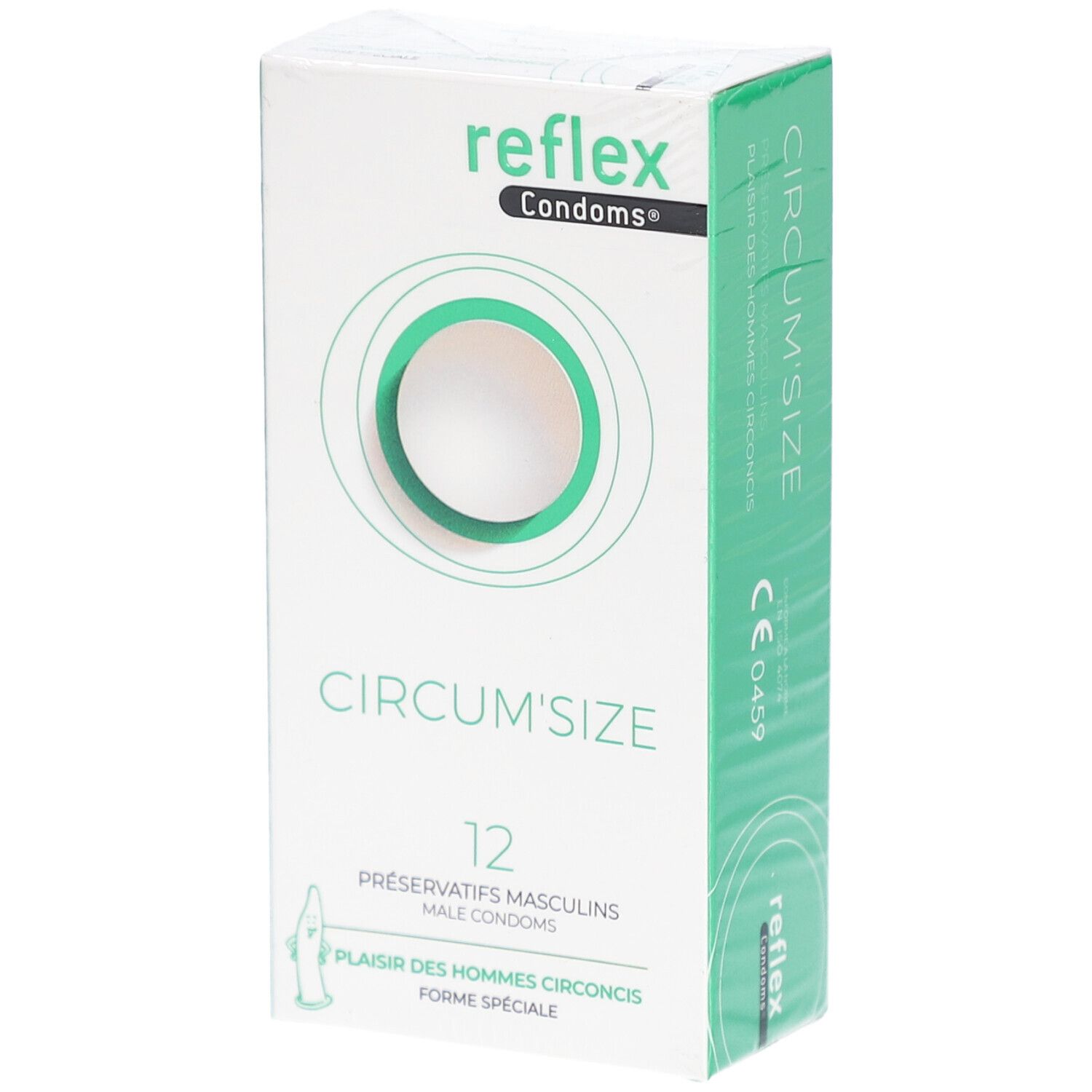 Schachtel mit Kondomen. Aufschrift: Reflex, Circum'Size, 12 Stück. Grün-weiße Verpackung mit CE-Kennzeichnung.