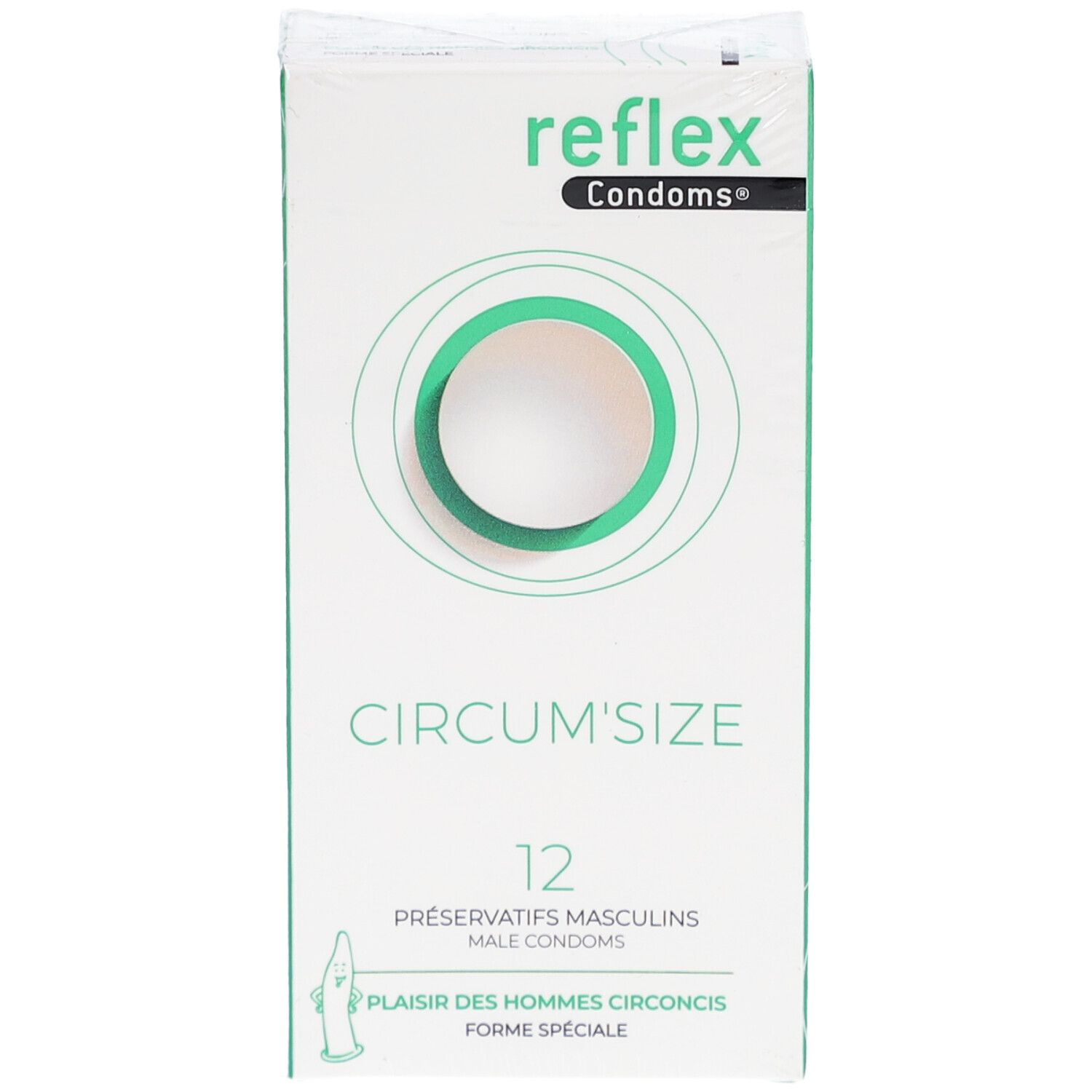 Kondom-Schachtel, Frontansicht. Aufschrift: Reflex, Circum'Size, 12 Stück. Grün-weiße Verpackung.