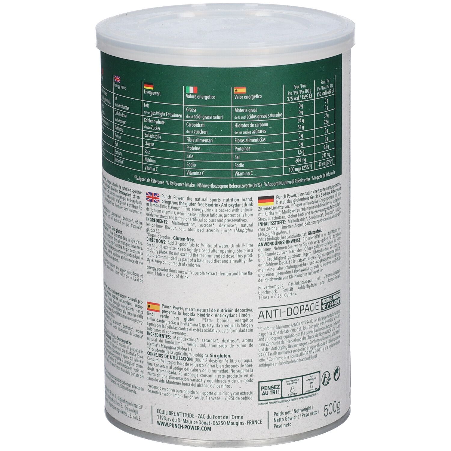 Rückseite einer Dose PUNCH POWER Bio Drink Zitrone-Limette, 500g. Mit detaillierten Anwendungshinweisen und Inhaltsstoffen.