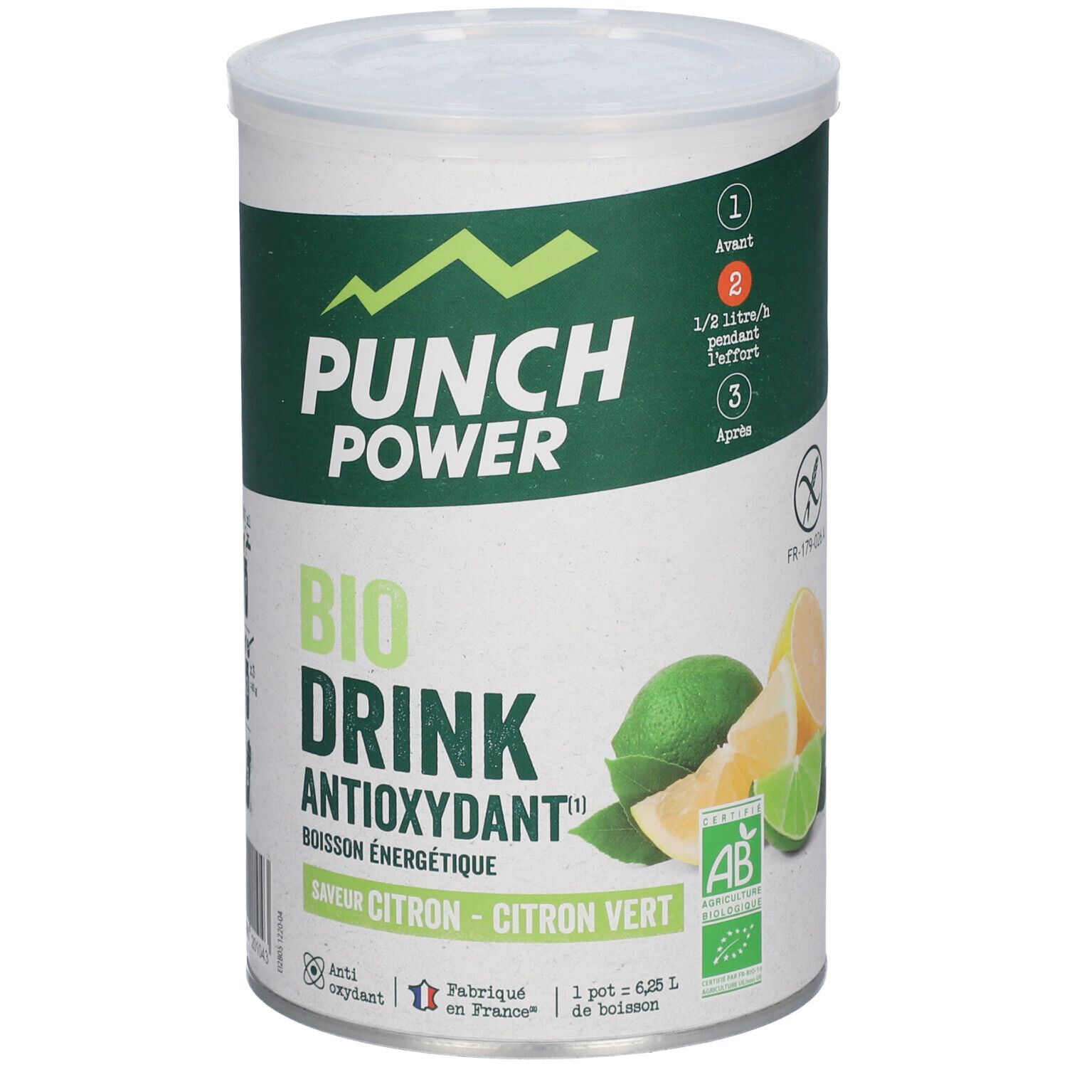 Dose PUNCH POWER Bio Drink Zitrone-Limette, 500g. Mit Zitronen- und Limettenscheiben und Bio-Siegel.