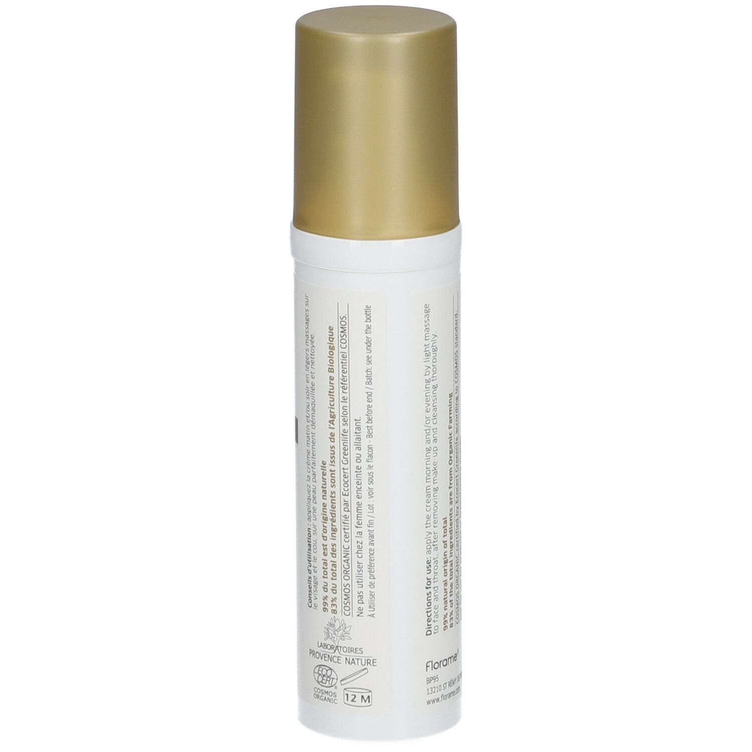 Weiße Flasche mit goldfarbenem Deckel. Text auf der Rückseite: Inhaltsstoffe, Zertifizierung, Herstellerinformationen.