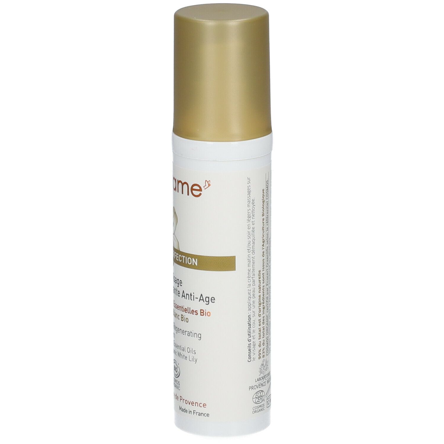 Weiße Flasche mit goldfarbenem Deckel. Text auf der Rückseite: Inhaltsstoffe, Zertifizierung, Herstellerinformationen.