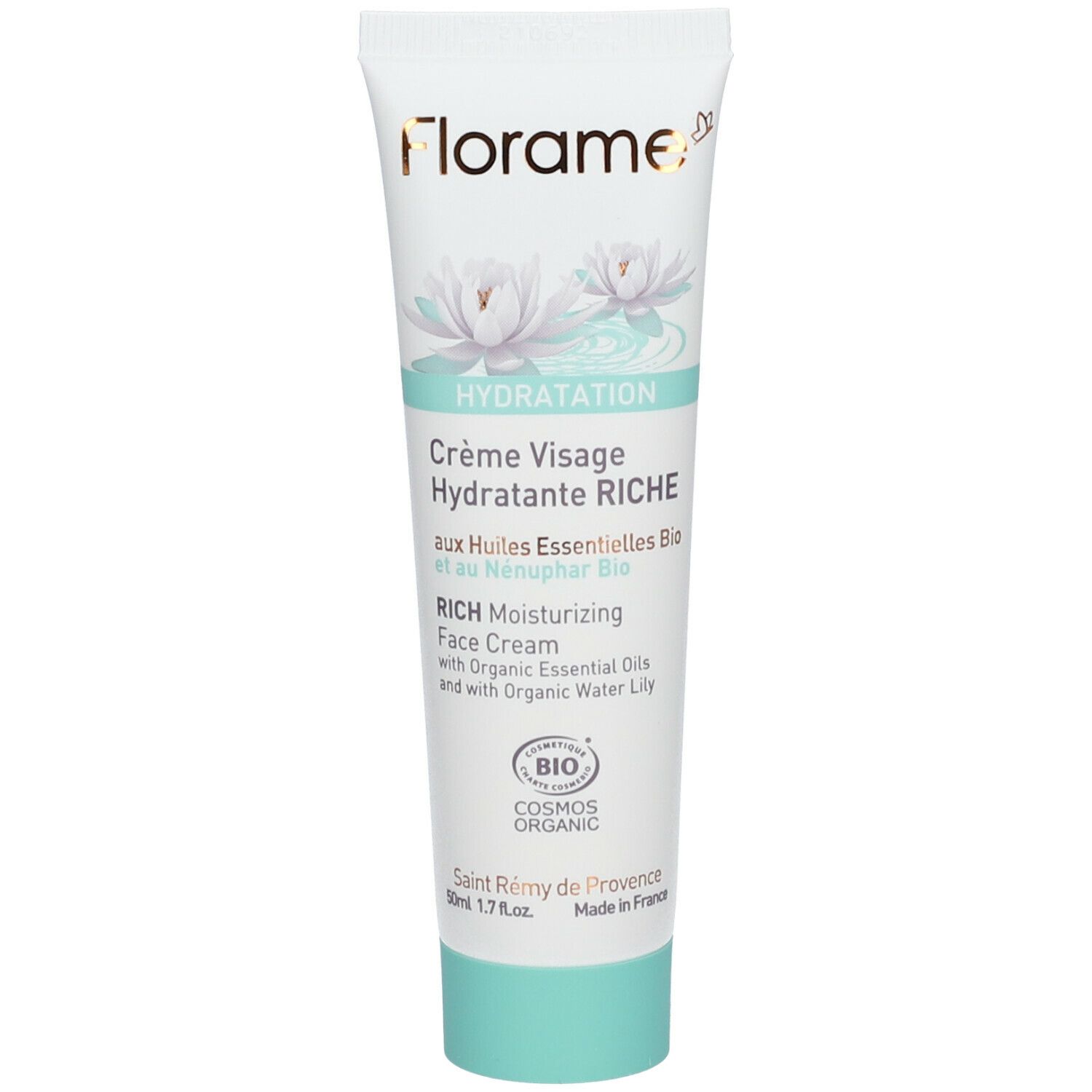 Weiße Tube mit grüner Kappe. Aufschrift: Florame, HYDRATATION, Crème Visage, Hydratante RICHE. Bio-Zertifizierung.