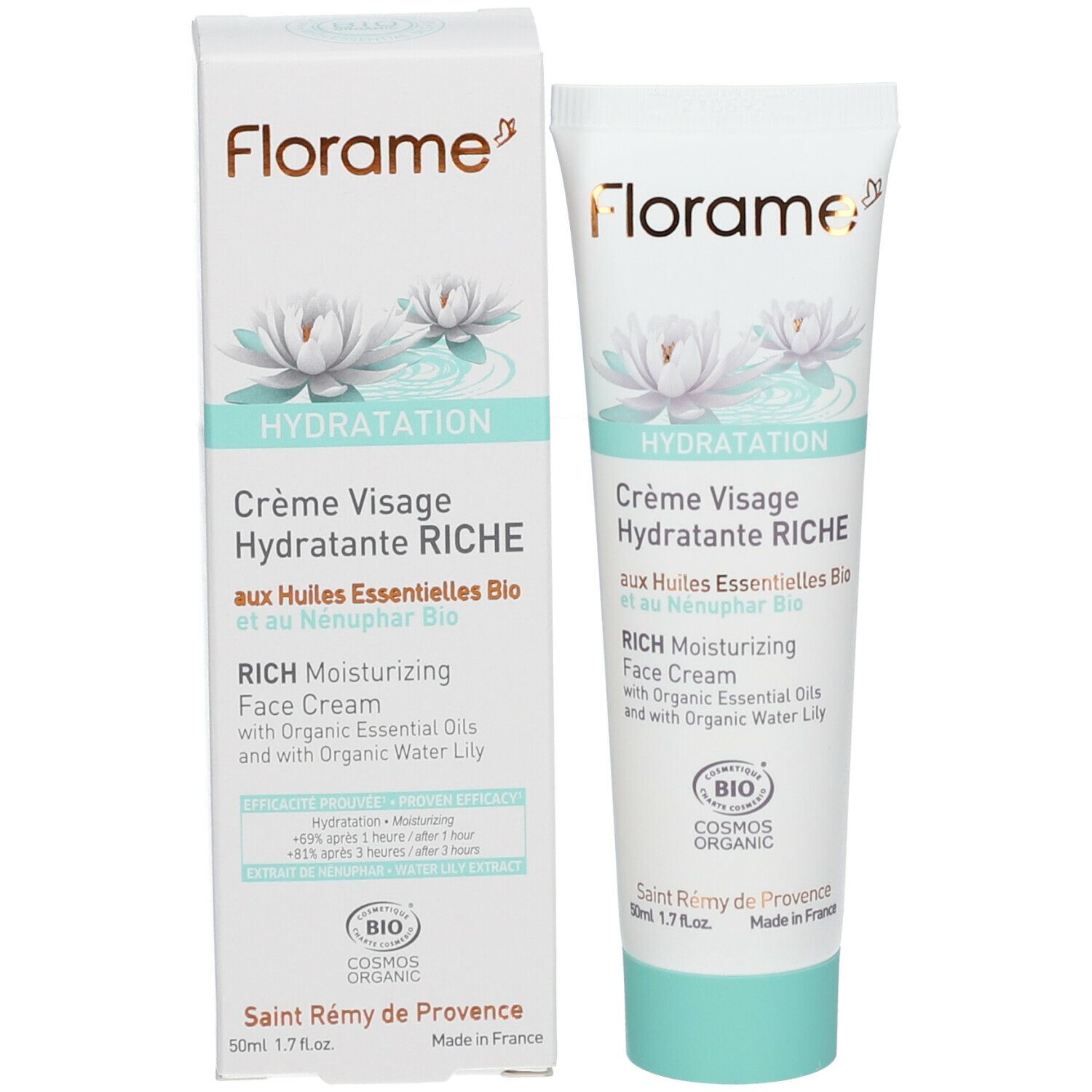 Produktverpackung und Tube. Verpackung: weiß, Aufschrift Florame, HYDRATATION, Crème Visage. Tube: weiß, grüne Kappe.