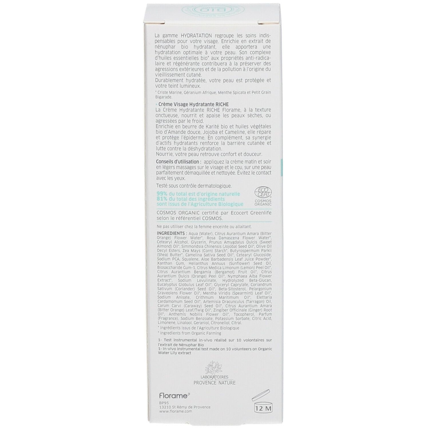 Rückseite der Produktverpackung. Text in mehreren Sprachen. Inhaltsstoffe. COSMOS ORGANIC-Zertifizierung. 12M-Symbol.